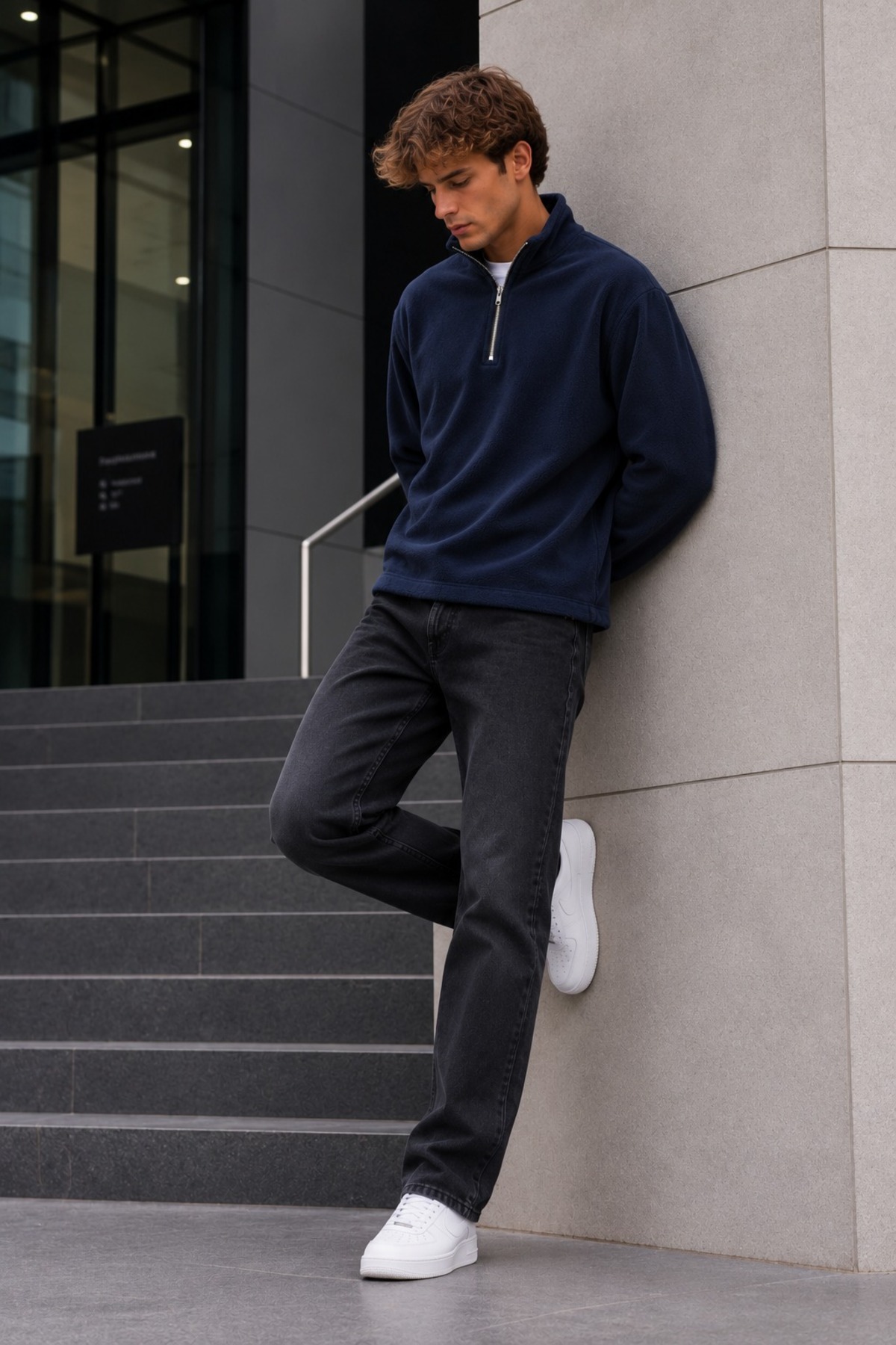 Erkek Fermuarlı Dik Yaka Polar Lacivert Sweatshirt 4