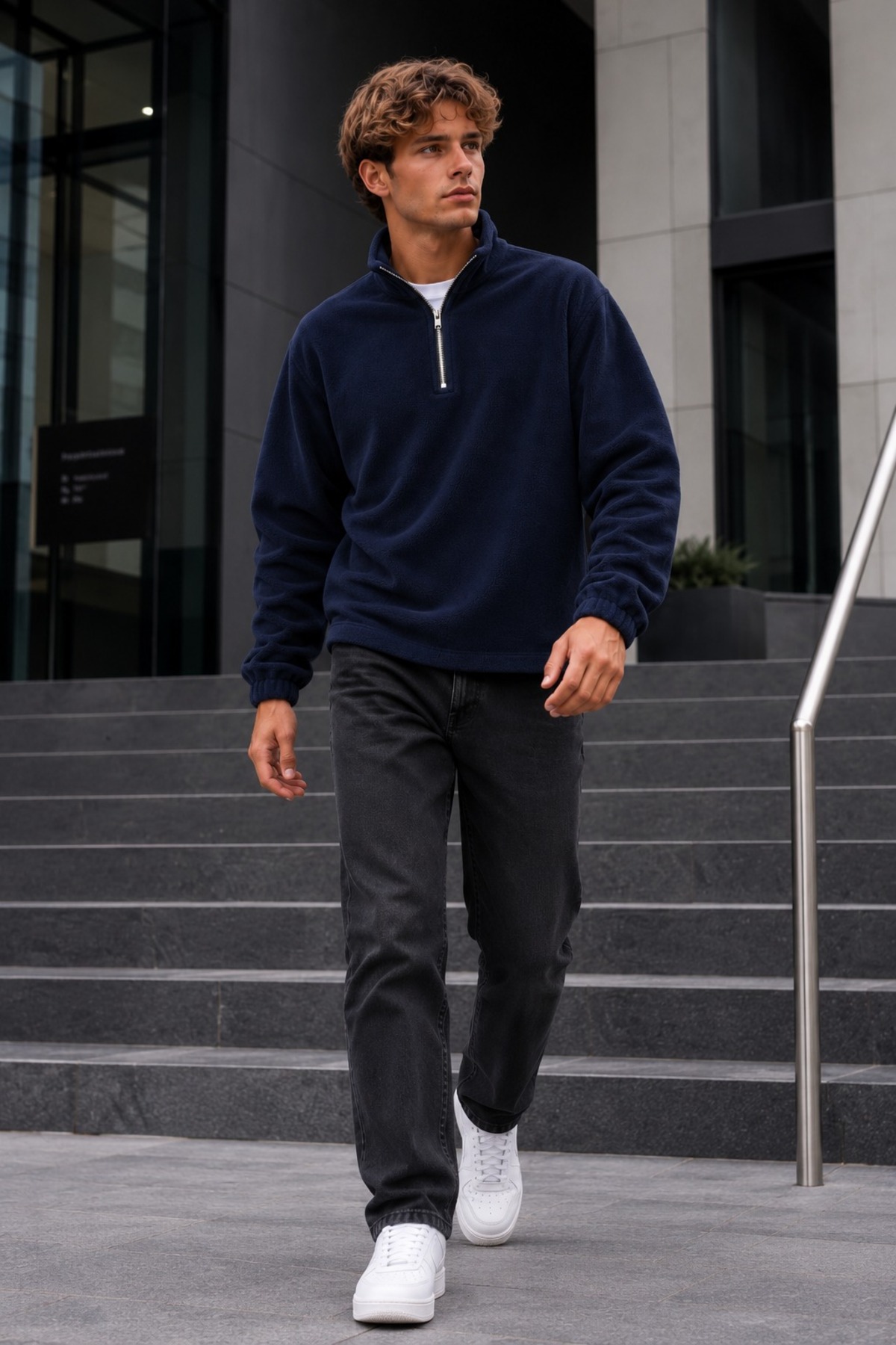 Erkek Fermuarlı Dik Yaka Polar Lacivert Sweatshirt 3