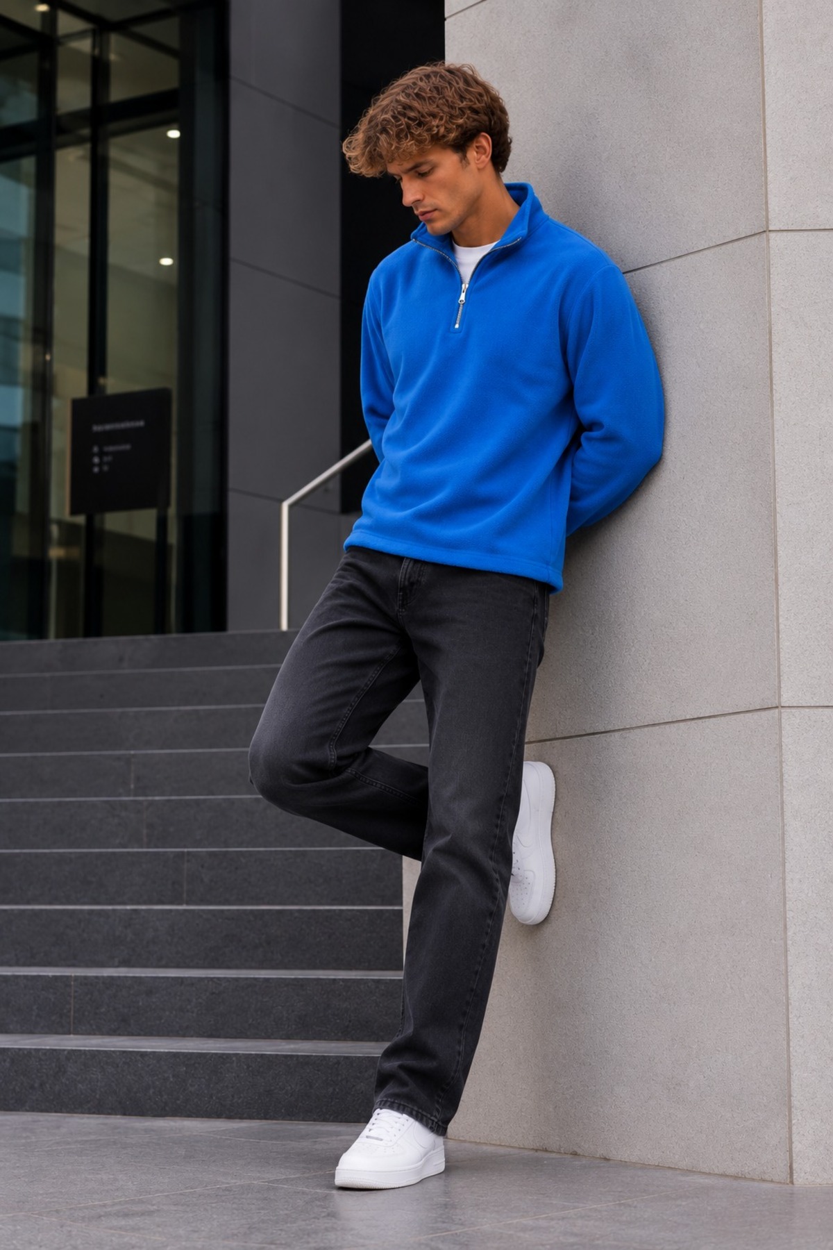 Erkek Fermuarlı Dik Yaka Polar Mavi Sweatshirt 4