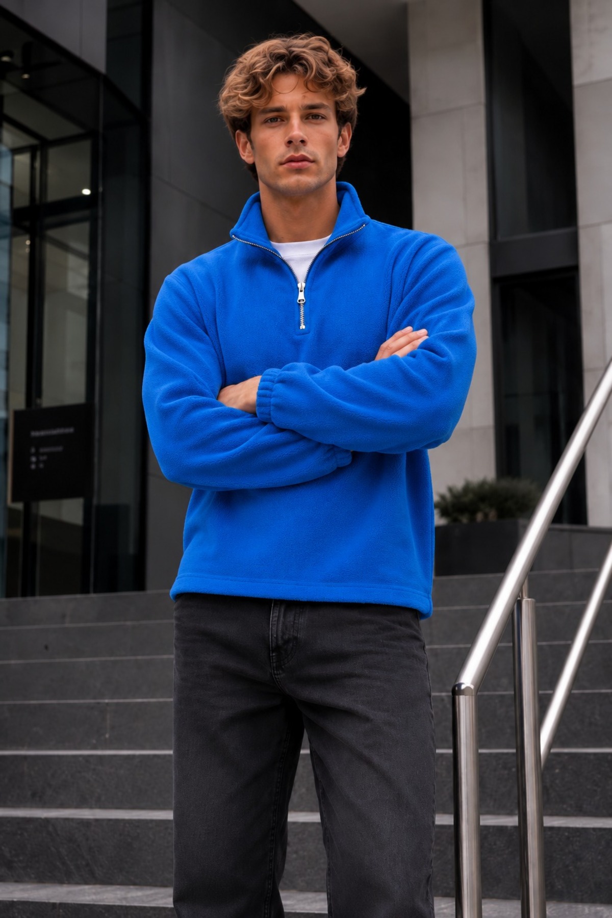 Erkek Fermuarlı Dik Yaka Polar Mavi Sweatshirt 6