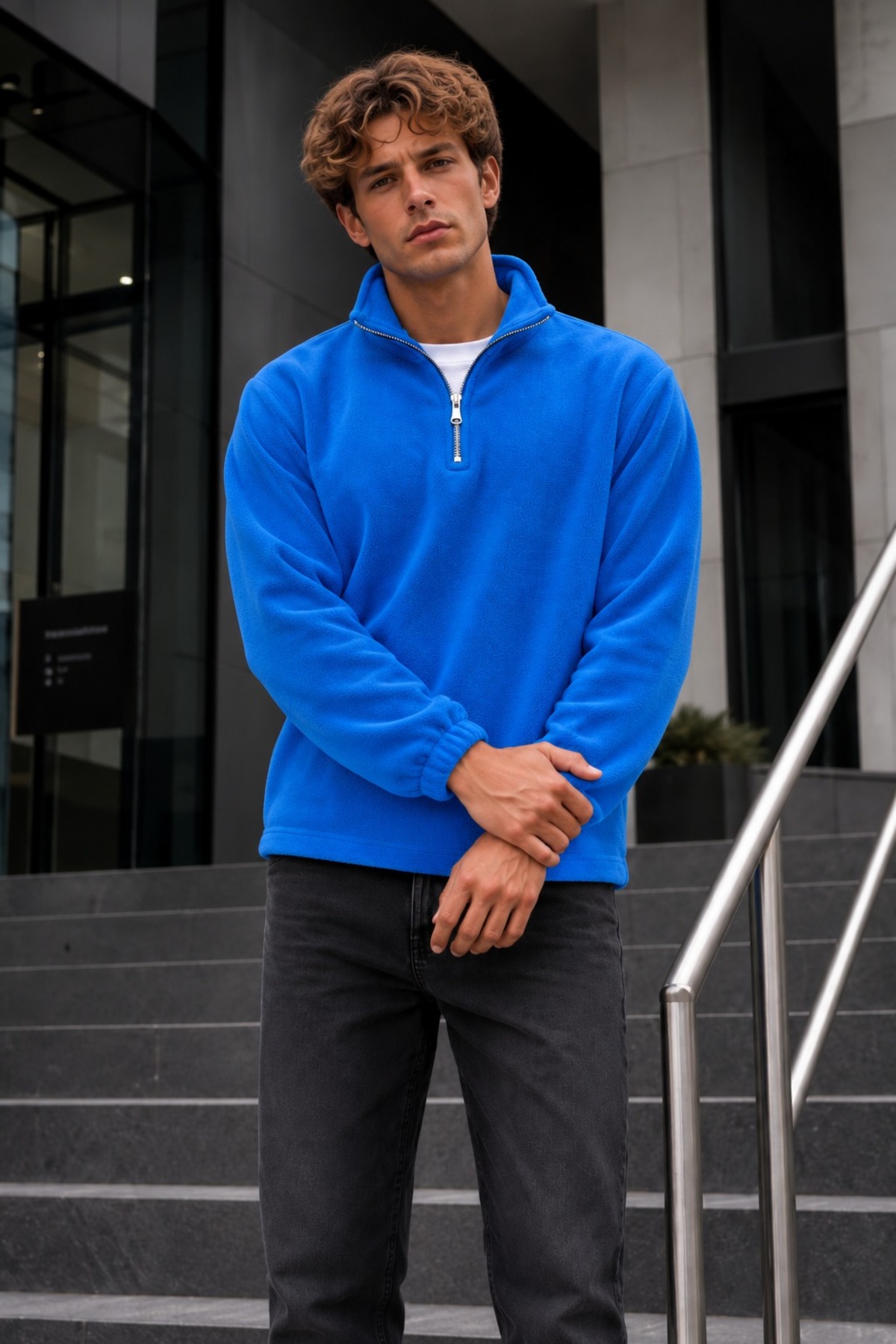 Erkek Fermuarlı Dik Yaka Polar Mavi Sweatshirt 5