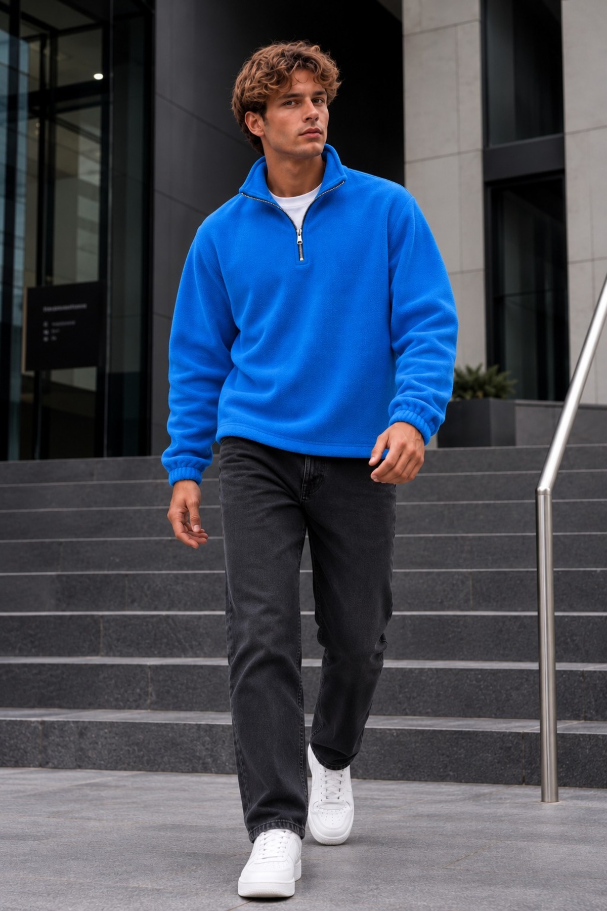 Erkek Fermuarlı Dik Yaka Polar Mavi Sweatshirt 3