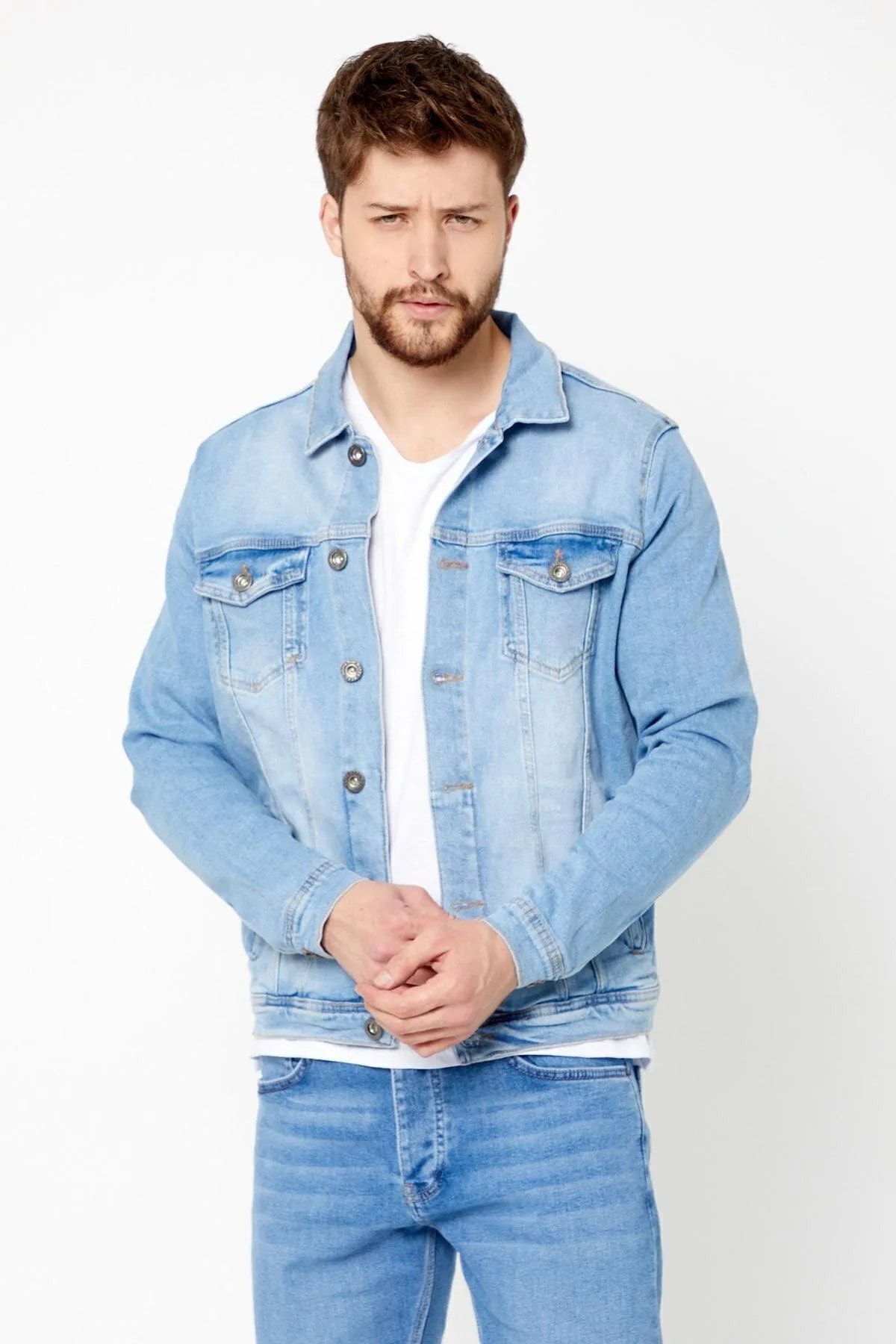Erkek Mevsimlik Jeanmove Pamuku Polo Yaka Buz Açık Mavi Kot Ceket 3