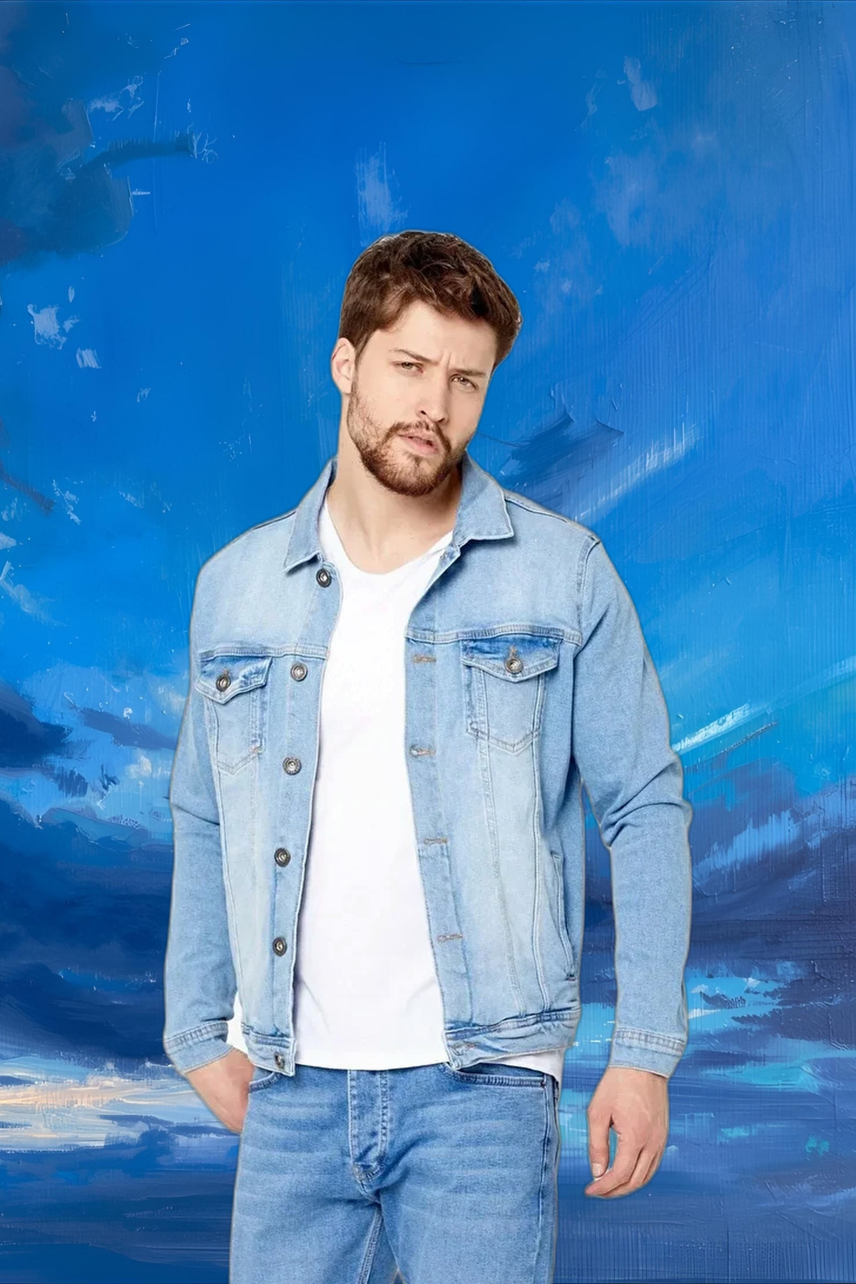 Erkek Mevsimlik Jeanmove Pamuku Polo Yaka Buz Açık Mavi Kot Ceket 6