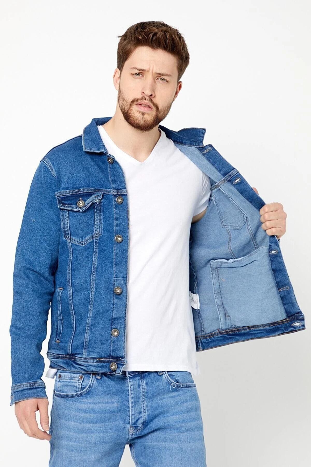 Erkek Jeanmove Pamuku Polo Yaka Rahat Kalıp Kot Ceket Mavi 3