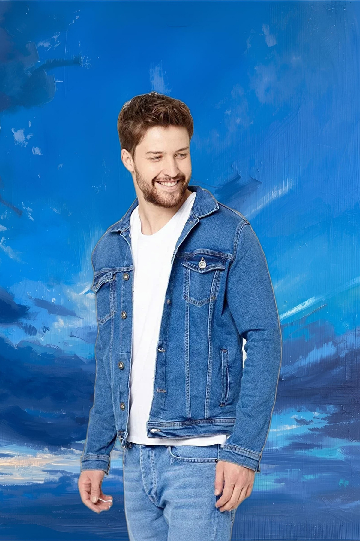Erkek Jeanmove Pamuku Polo Yaka Rahat Kalıp Kot Ceket Mavi 6