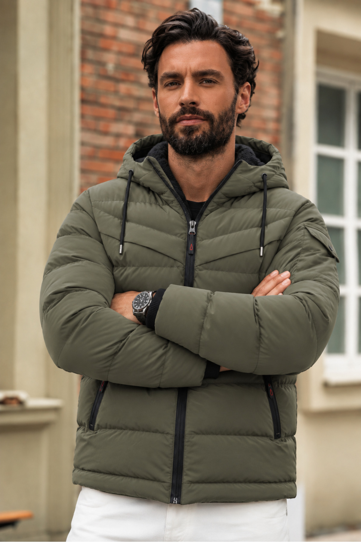 Erkek Rüzgar Geçirmez Haki Şişme Mont 5