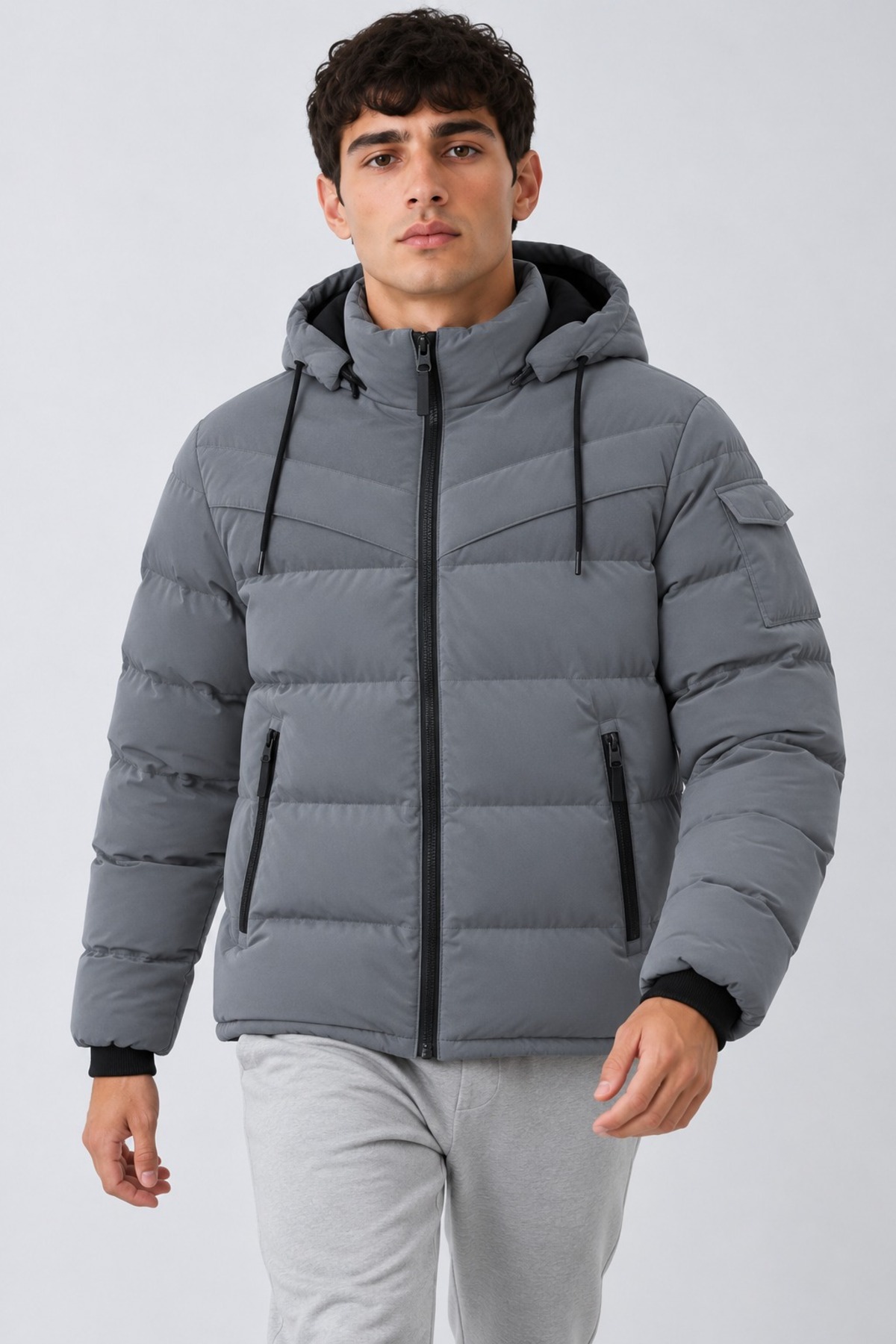 Erkek Kapüşonlu Casual Kışlık Gri Şişme Mont 6