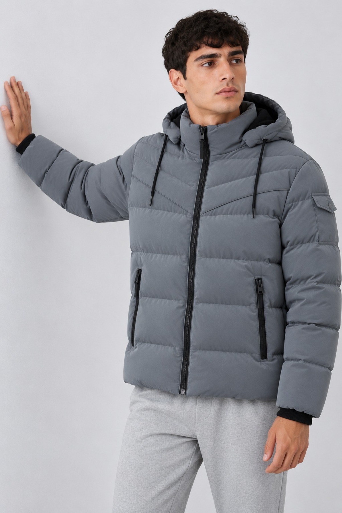 Erkek Kapüşonlu Casual Kışlık Gri Şişme Mont 4