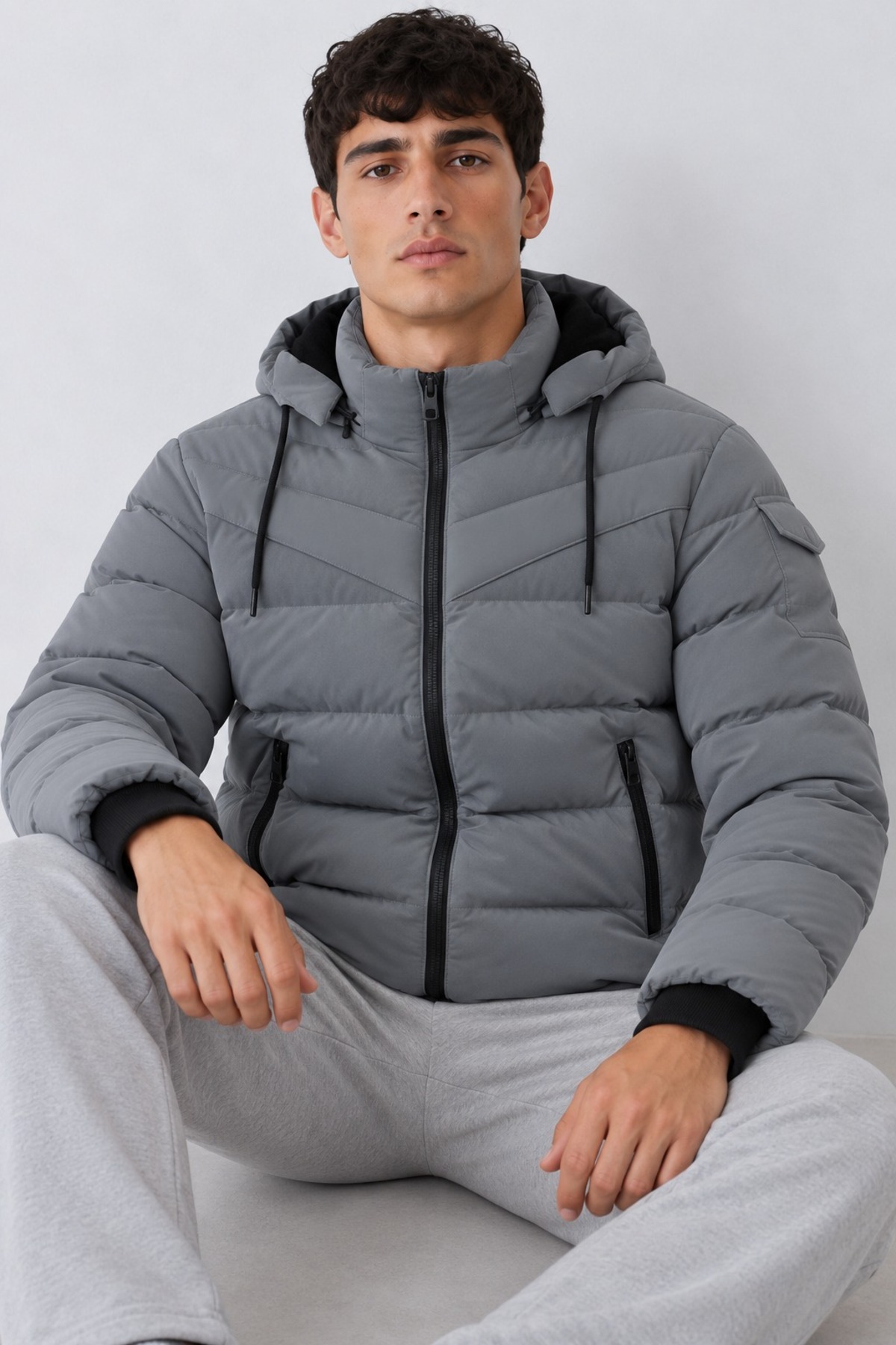 Erkek Kapüşonlu Casual Kışlık Gri Şişme Mont 3