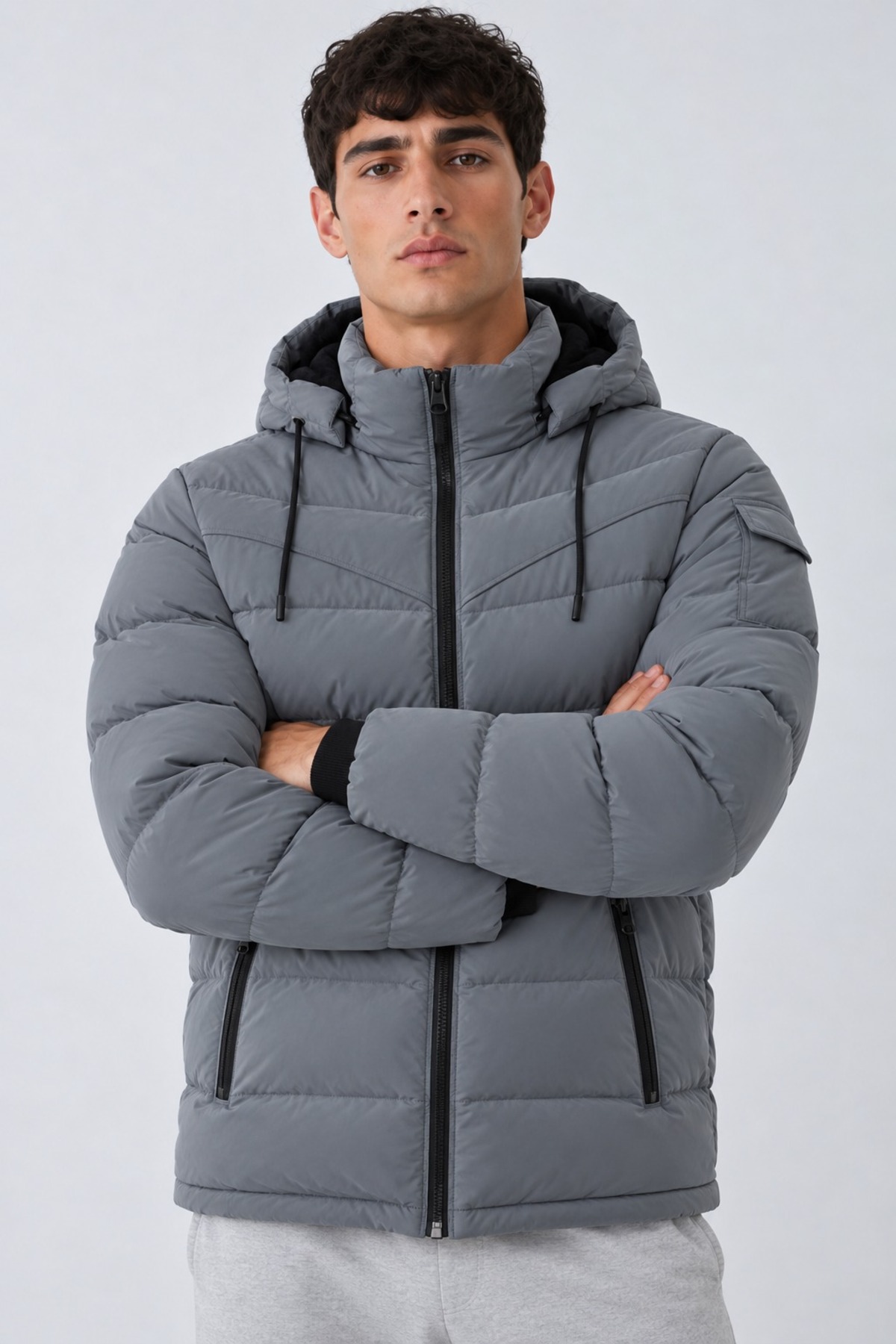 Erkek Kapüşonlu Casual Kışlık Gri Şişme Mont 5
