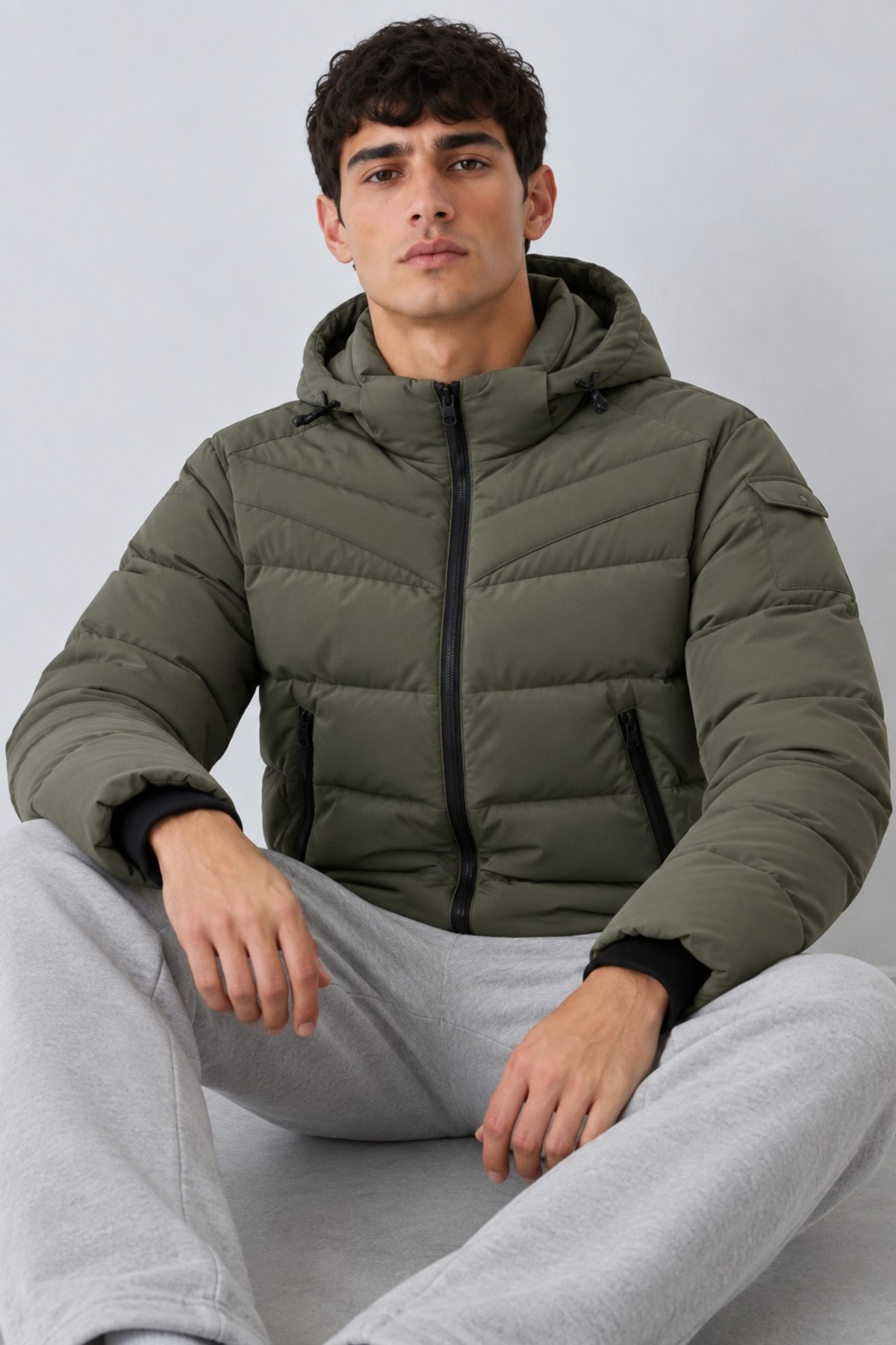 Erkek Kapüşonlu Casual Kışlık Haki Şişme Mont 3