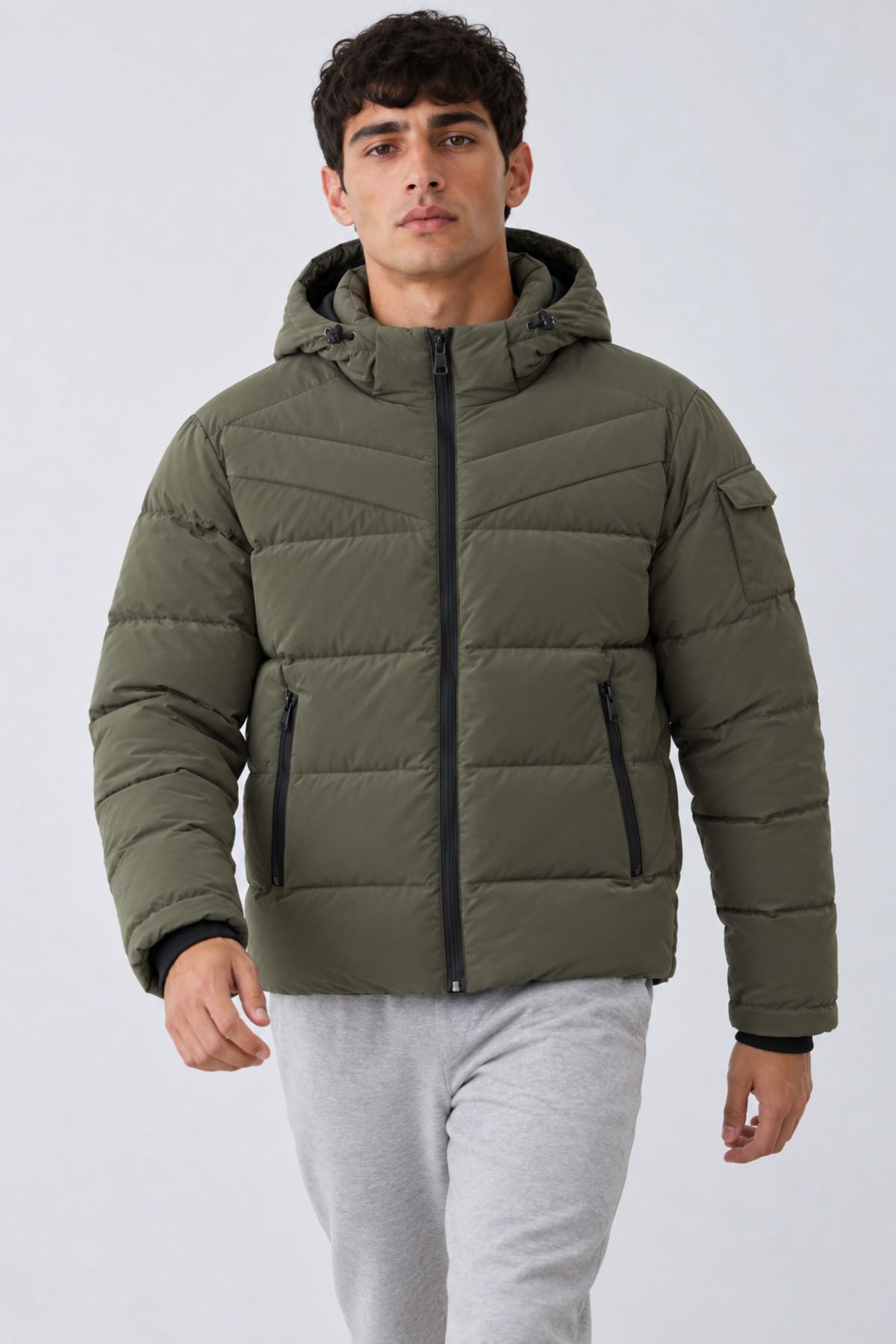 Erkek Kapüşonlu Casual Kışlık Haki Şişme Mont 6