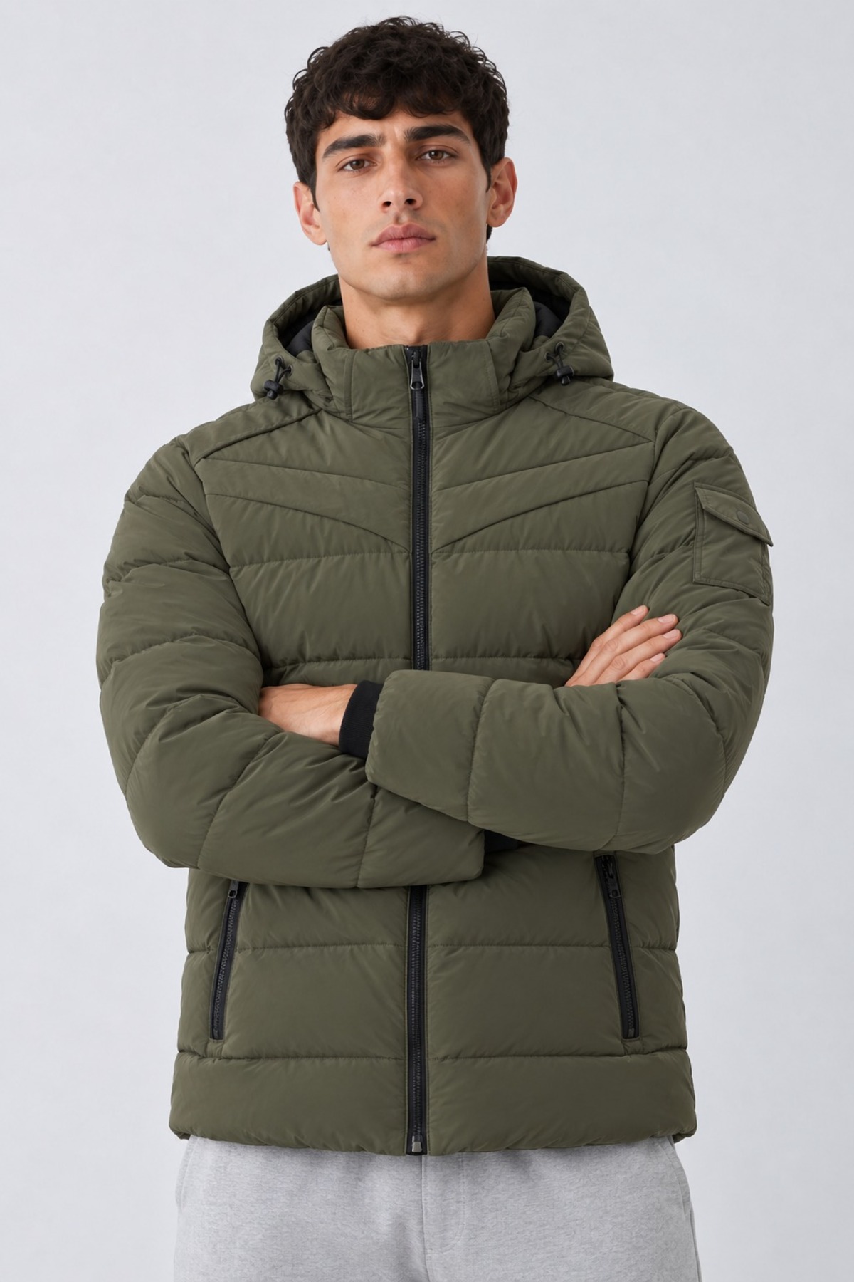 Erkek Kapüşonlu Casual Kışlık Haki Şişme Mont 5