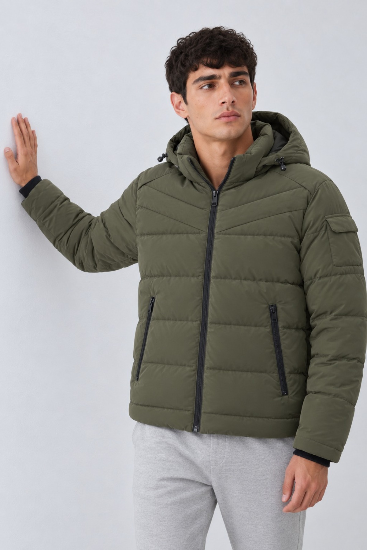 Erkek Kapüşonlu Casual Kışlık Haki Şişme Mont 4