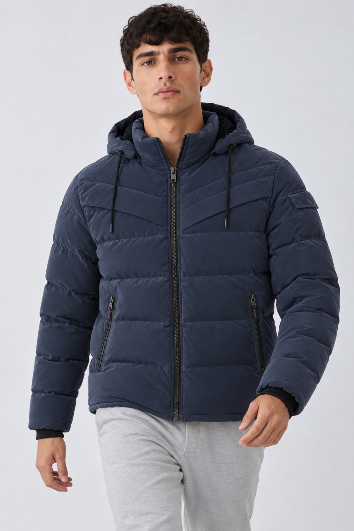 Erkek Kapüşonlu Casual Kışlık Lacivert Şişme Mont 5