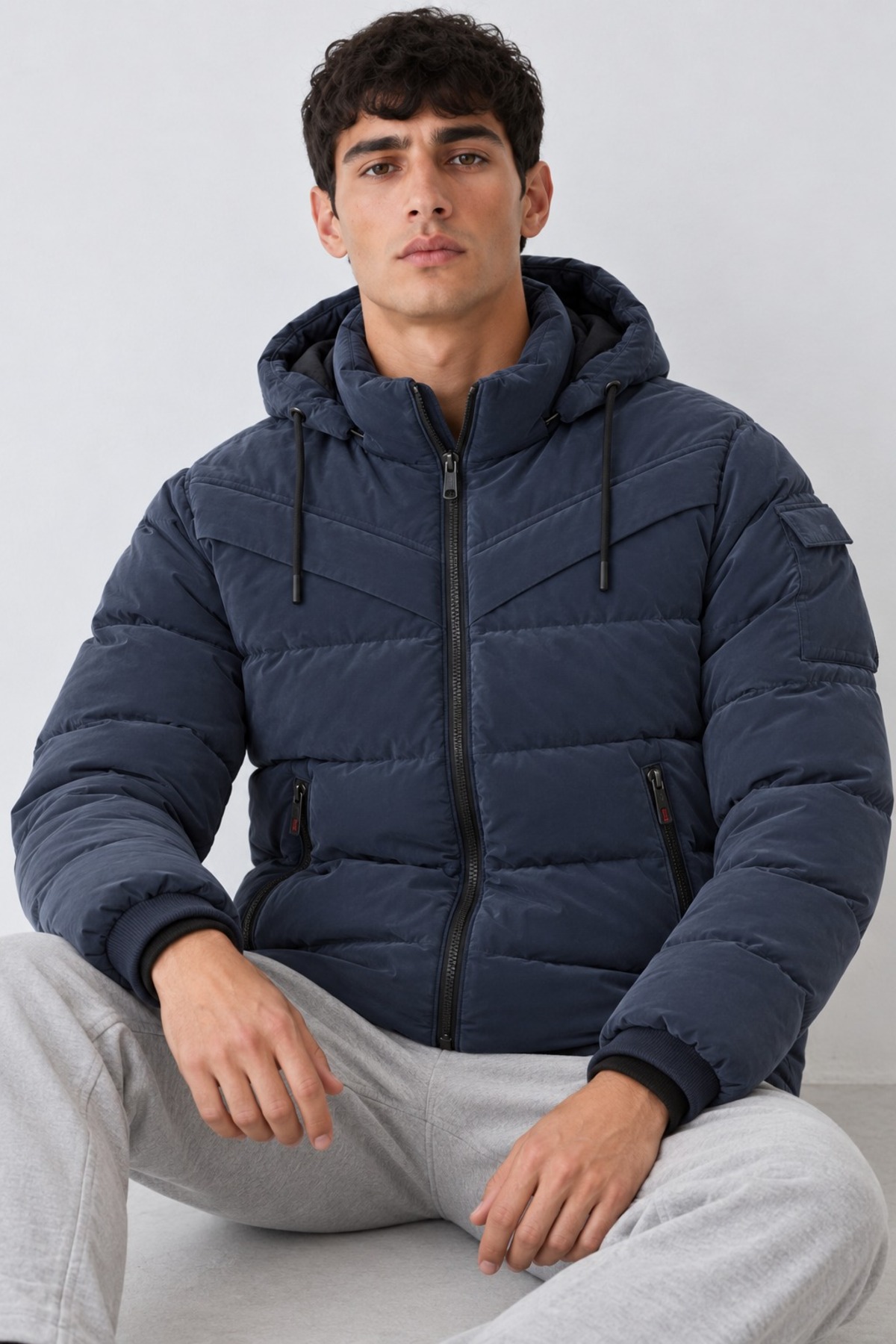 Erkek Kapüşonlu Casual Kışlık Lacivert Şişme Mont 4