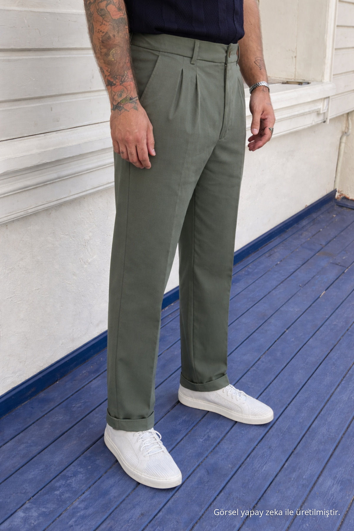 Erkek Yüksek Bel Regular Fit Haki Kumaş Pantolon 4