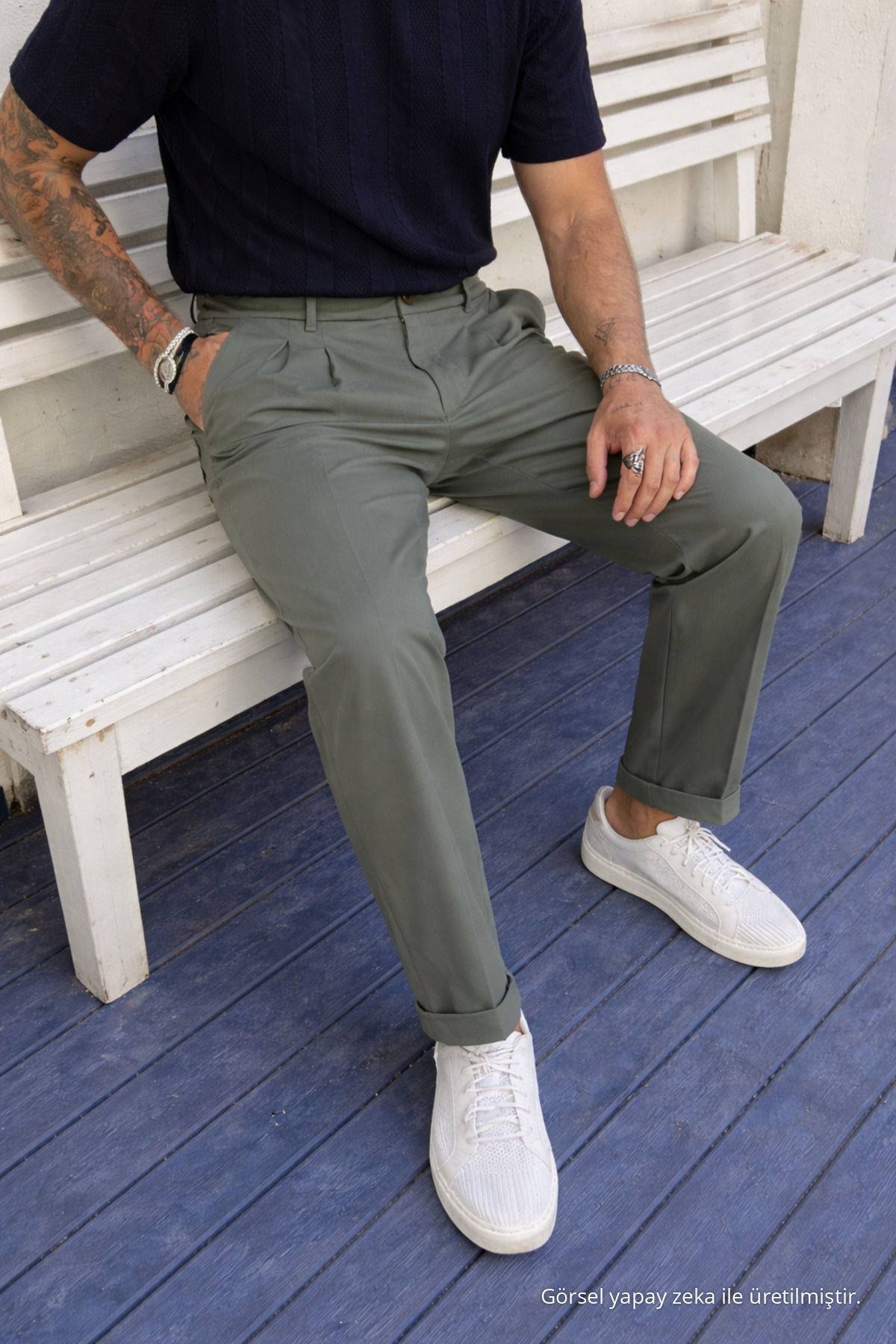 Erkek Yüksek Bel Regular Fit Haki Kumaş Pantolon 5