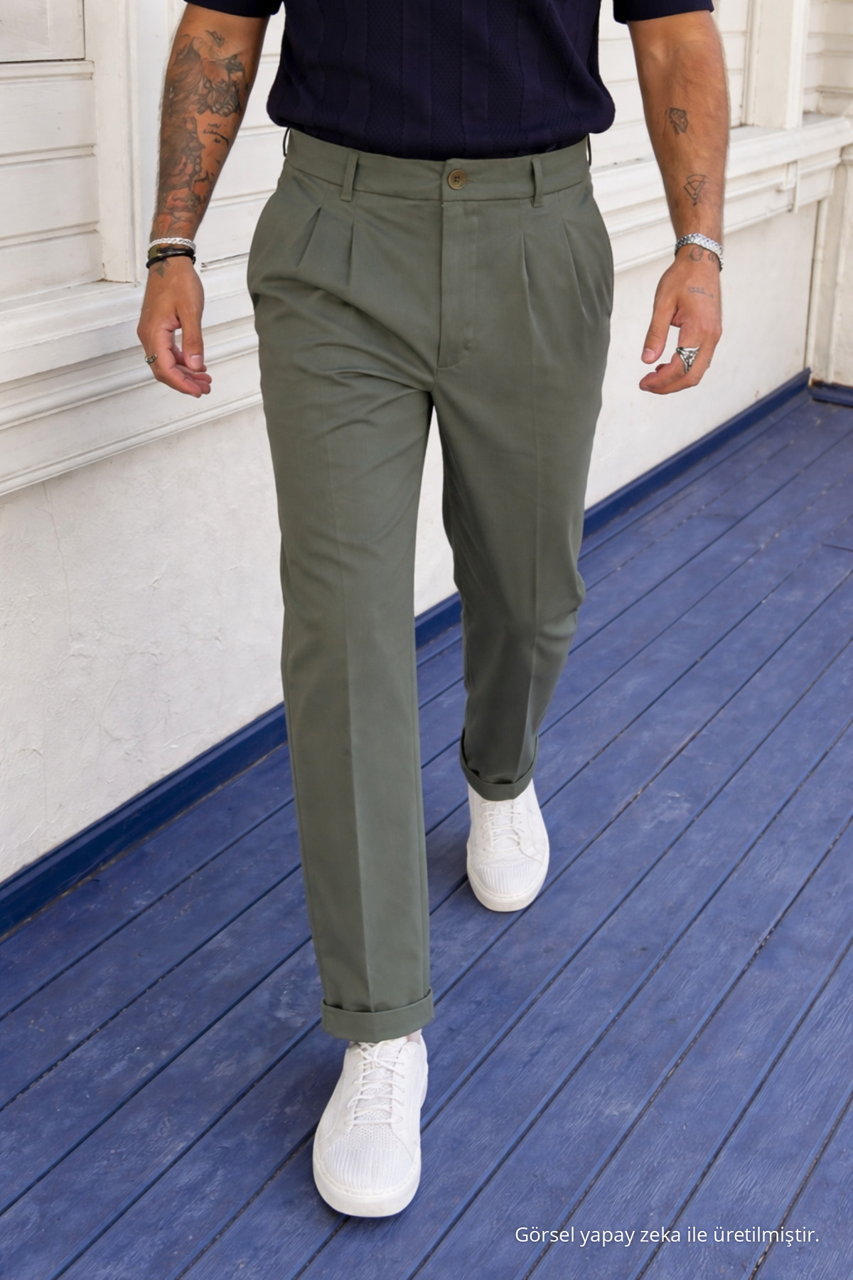 Erkek Yüksek Bel Regular Fit Haki Kumaş Pantolon 3