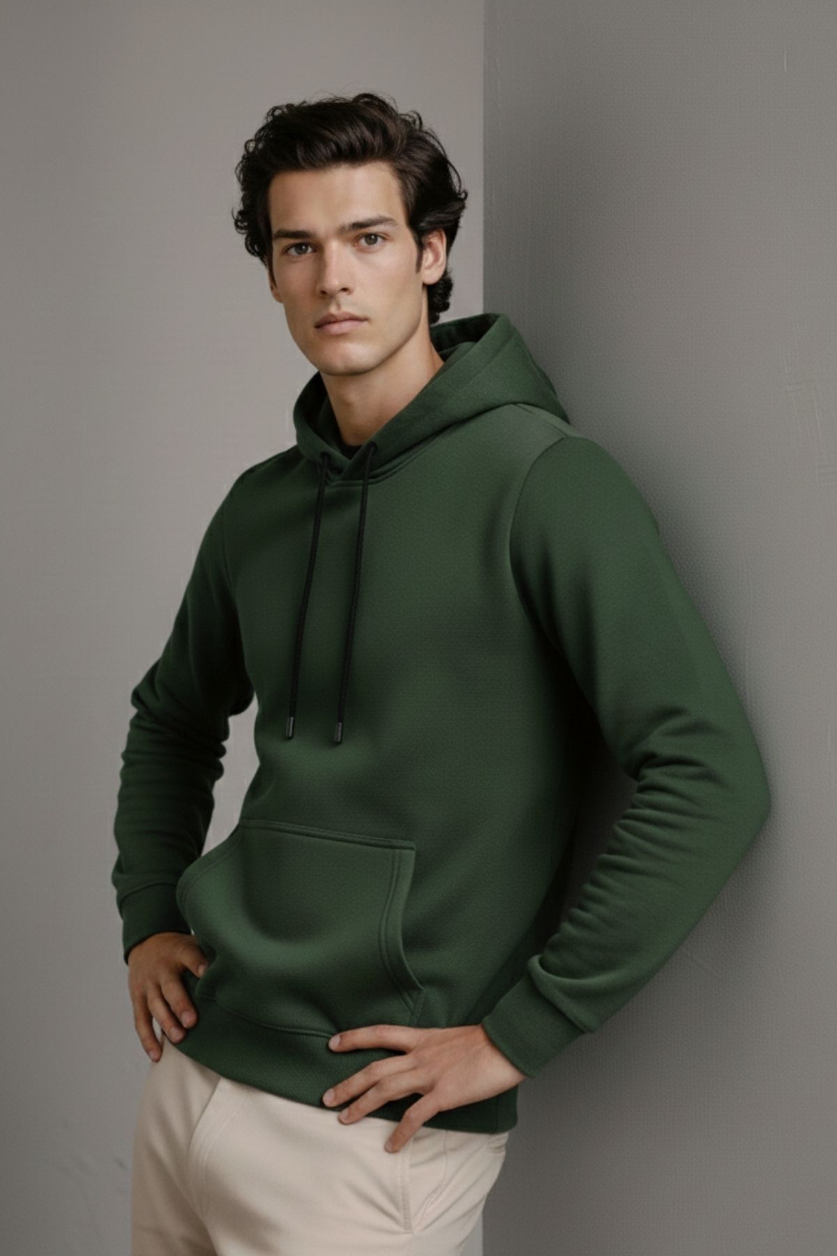 Erkek Premium Salaş Haki Kapşonlu Sweatshirt 4