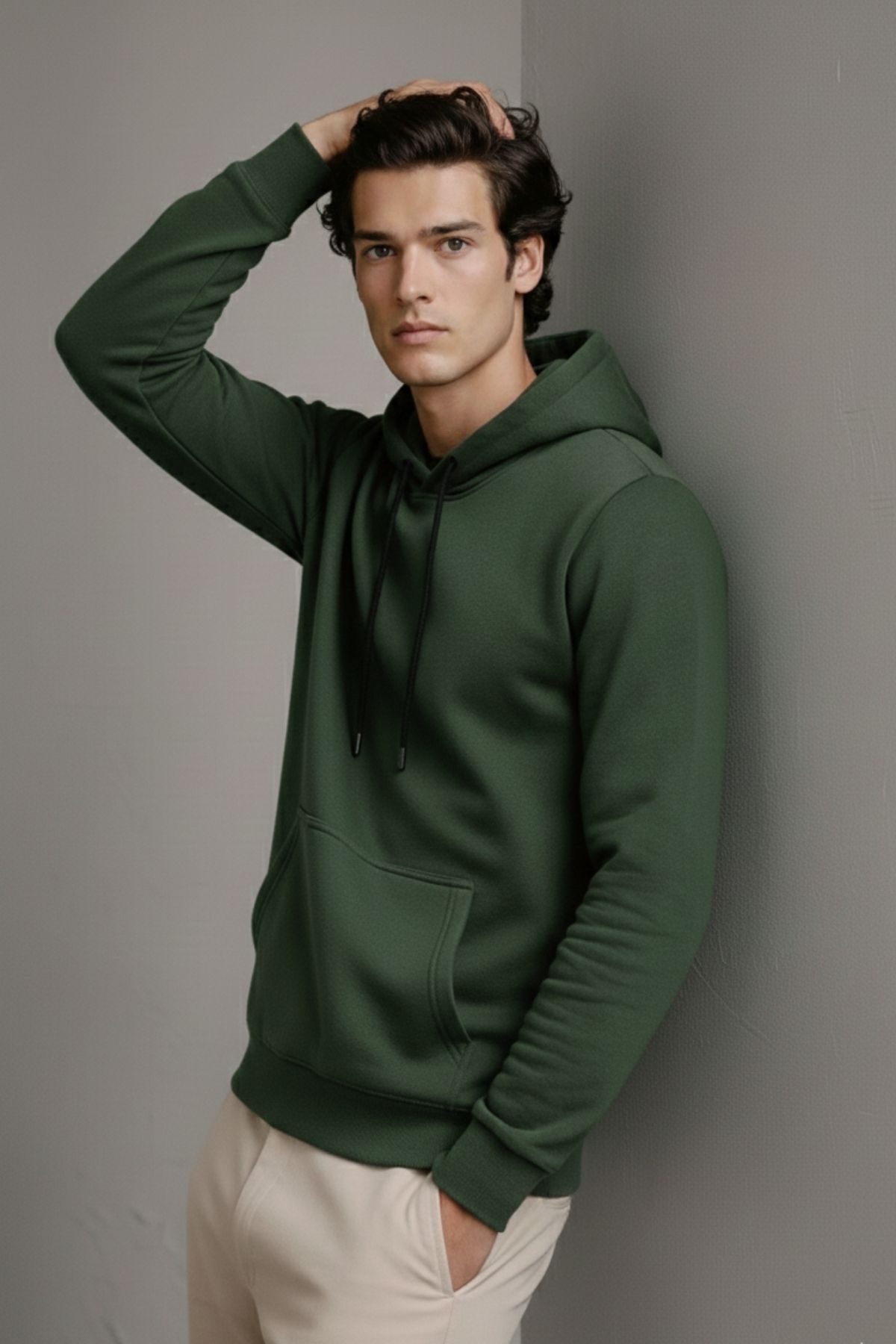 Erkek Premium Salaş Haki Kapşonlu Sweatshirt 3