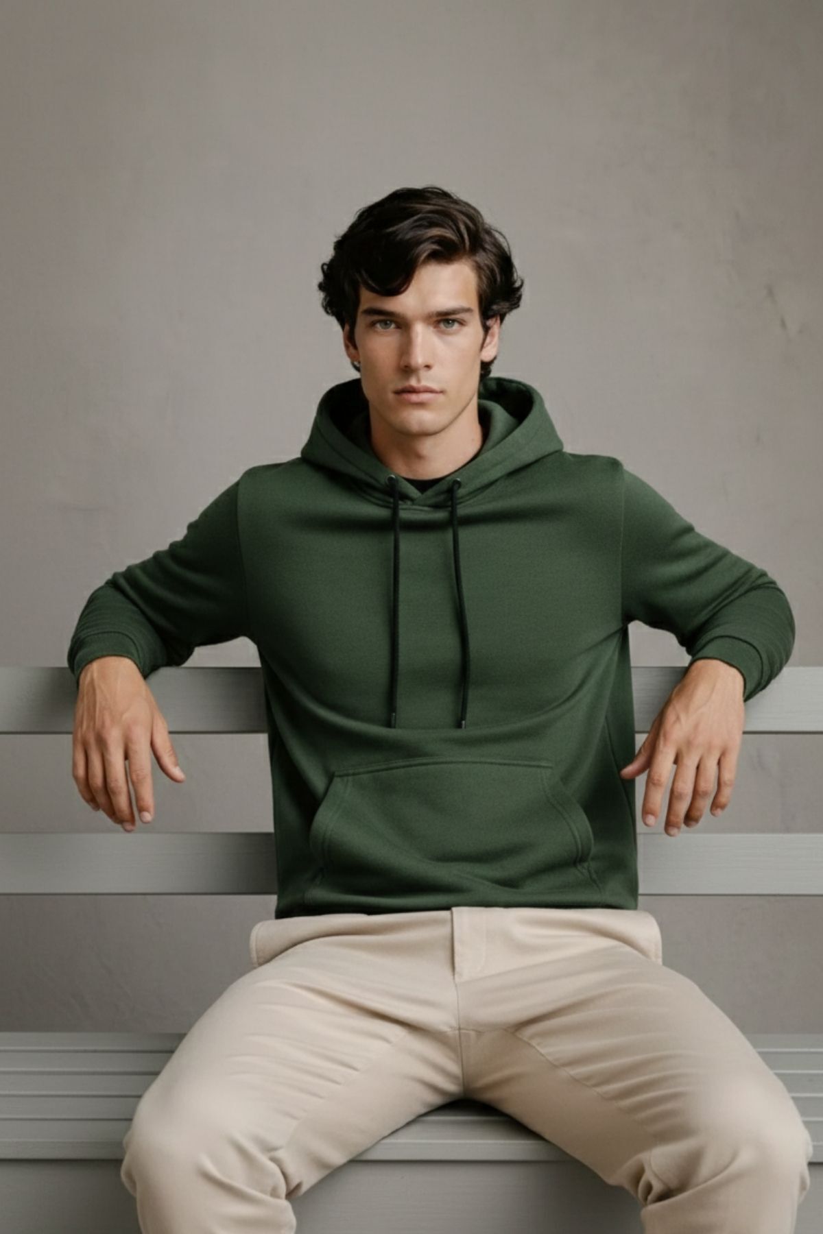 Erkek Premium Salaş Haki Kapşonlu Sweatshirt 6