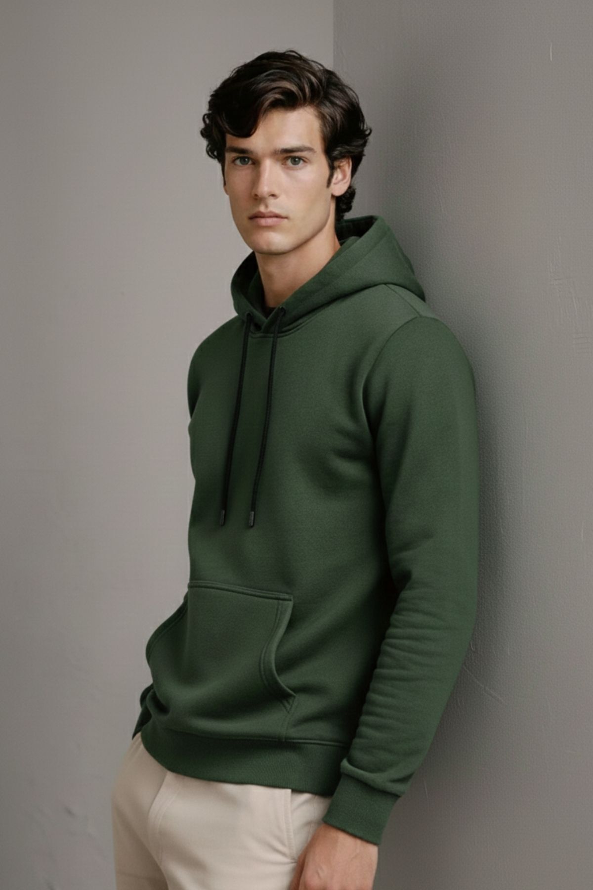 Erkek Premium Salaş Haki Kapşonlu Sweatshirt 5