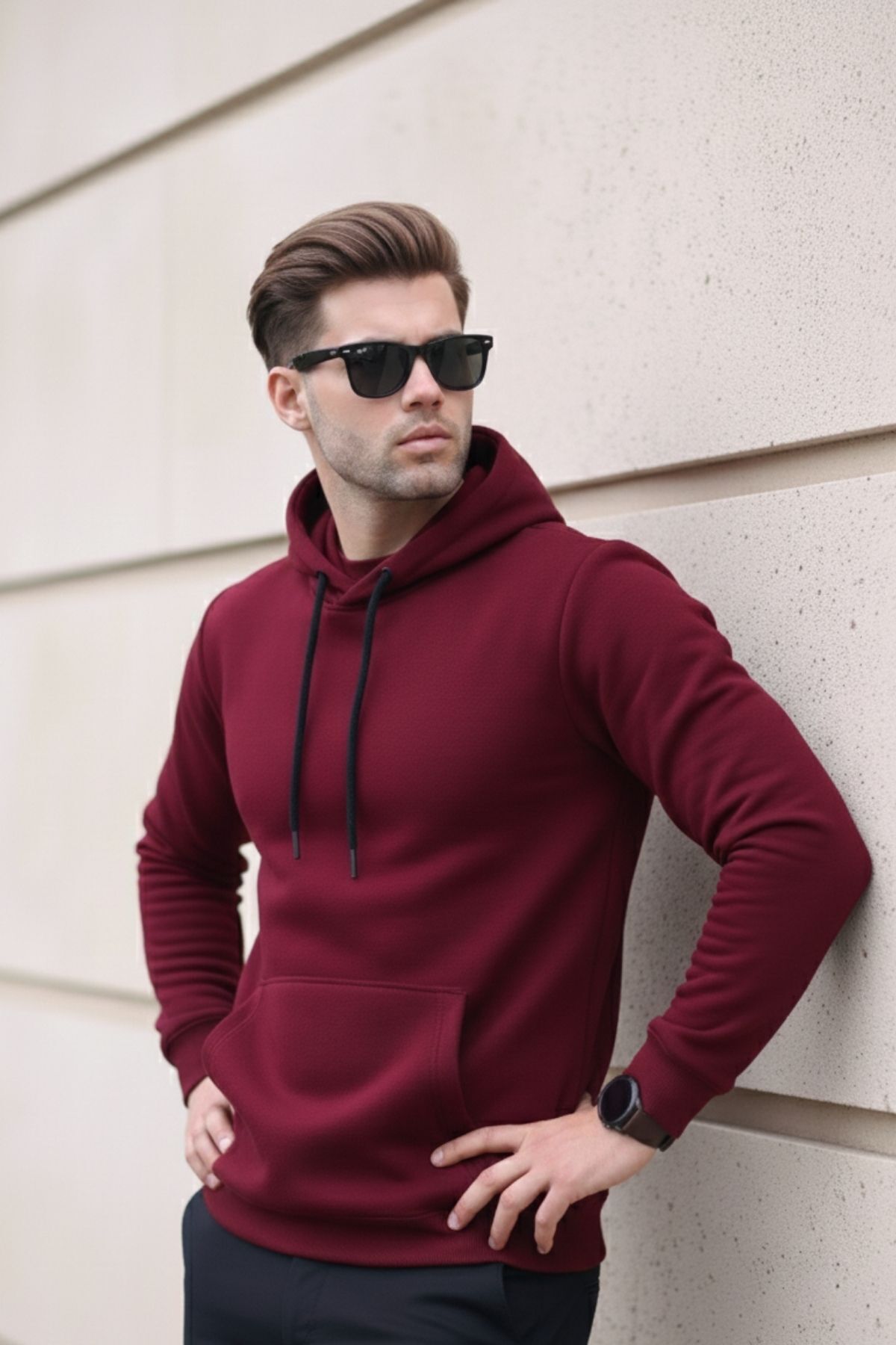 Erkek Casual Kanguru Cepli Bol Bordo Sweatshirt 5