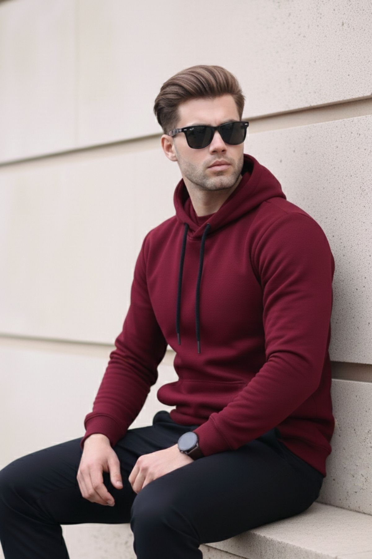Erkek Casual Kanguru Cepli Bol Bordo Sweatshirt 6