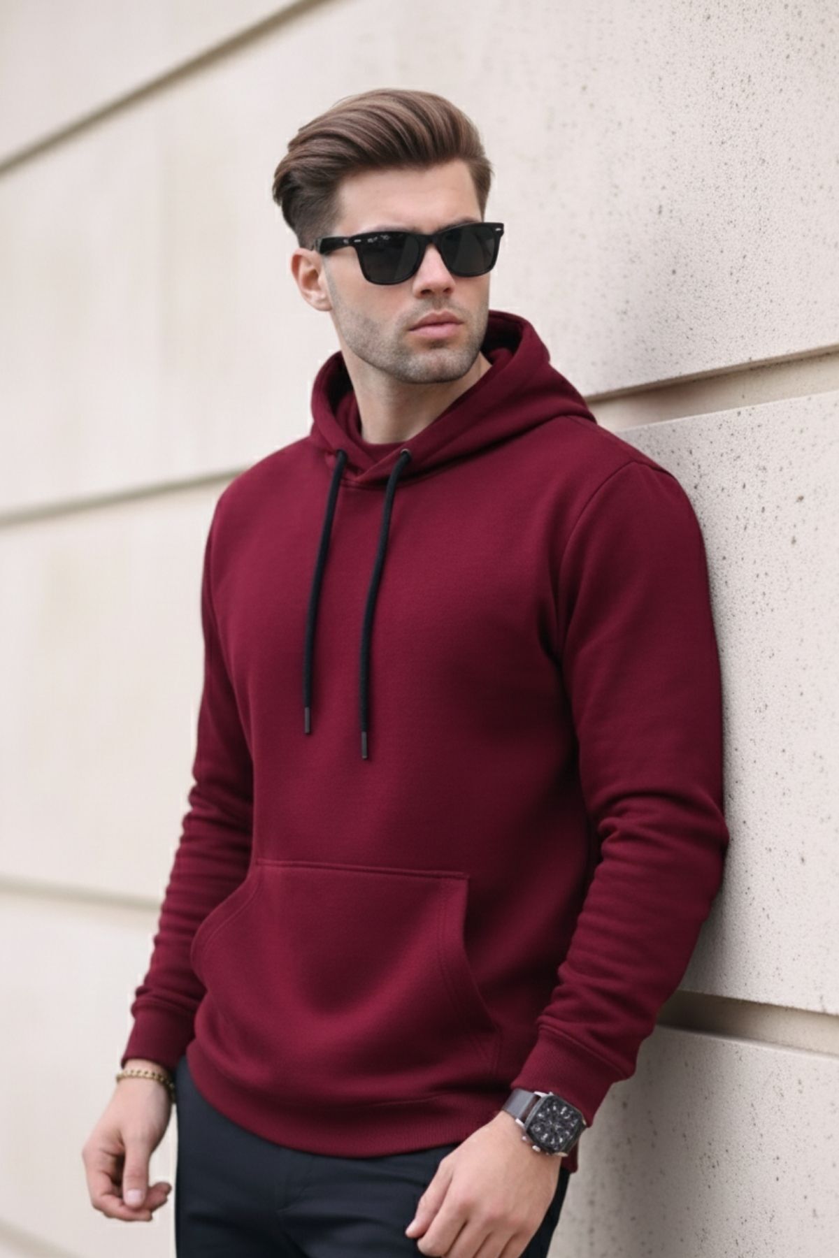 Erkek Casual Kanguru Cepli Bol Bordo Sweatshirt 3