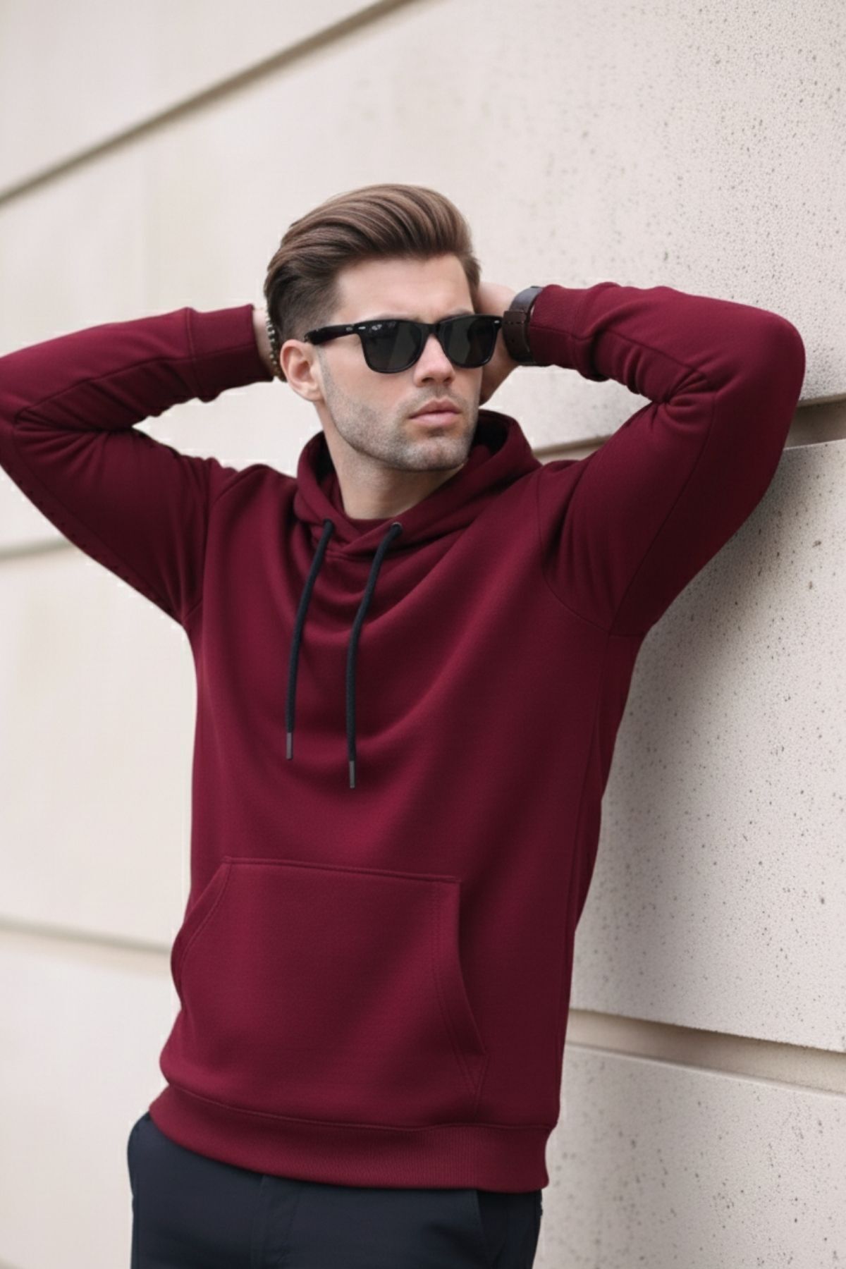 Erkek Casual Kanguru Cepli Bol Bordo Sweatshirt 4