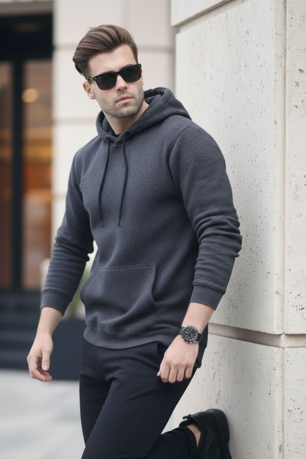 Erkek Casual Kanguru Cepli Bol Füme Sweatshirt 5