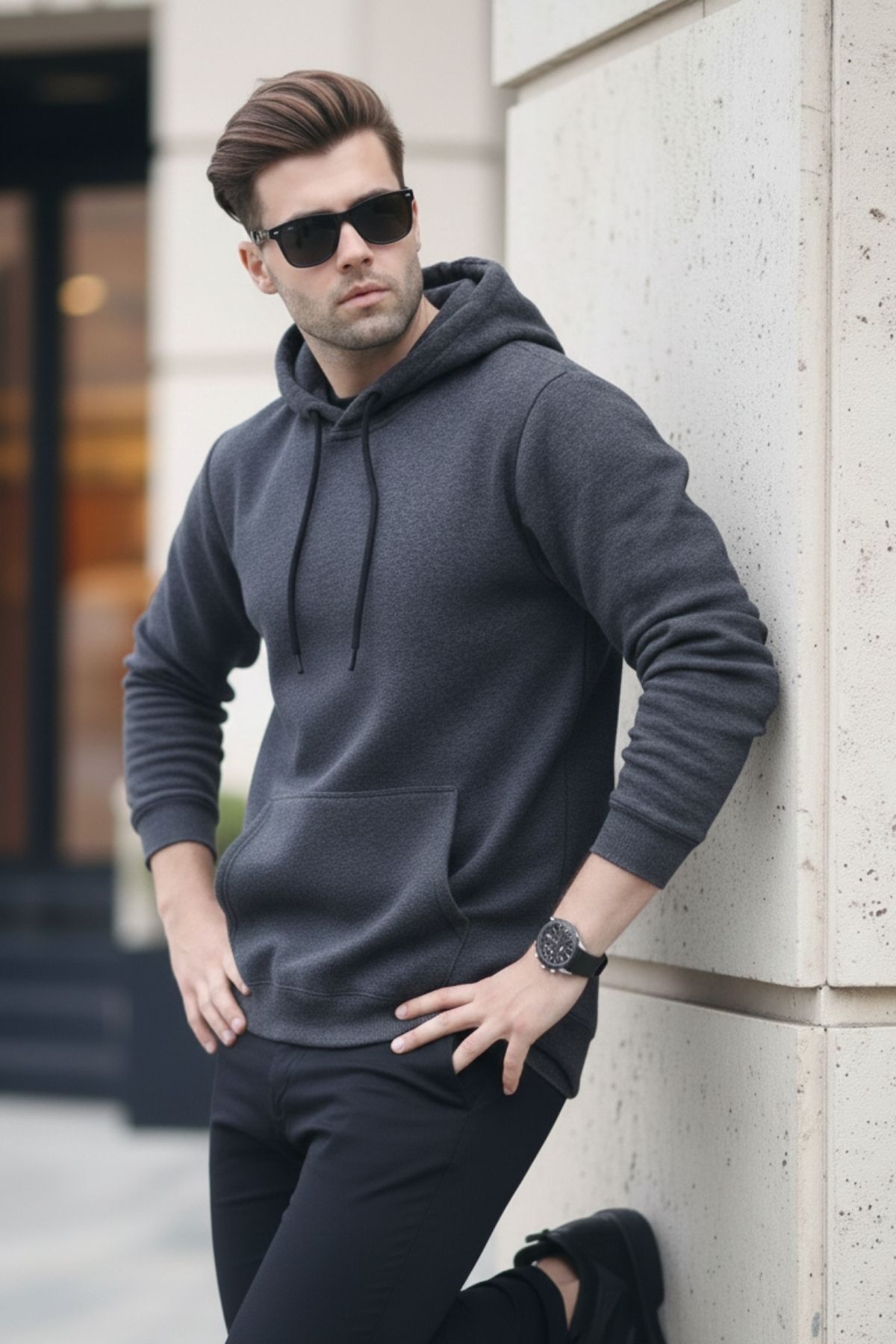 Erkek Casual Kanguru Cepli Bol Füme Sweatshirt 4