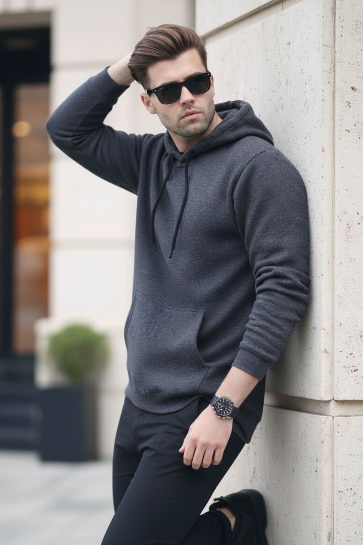Erkek Casual Kanguru Cepli Bol Füme Sweatshirt 3