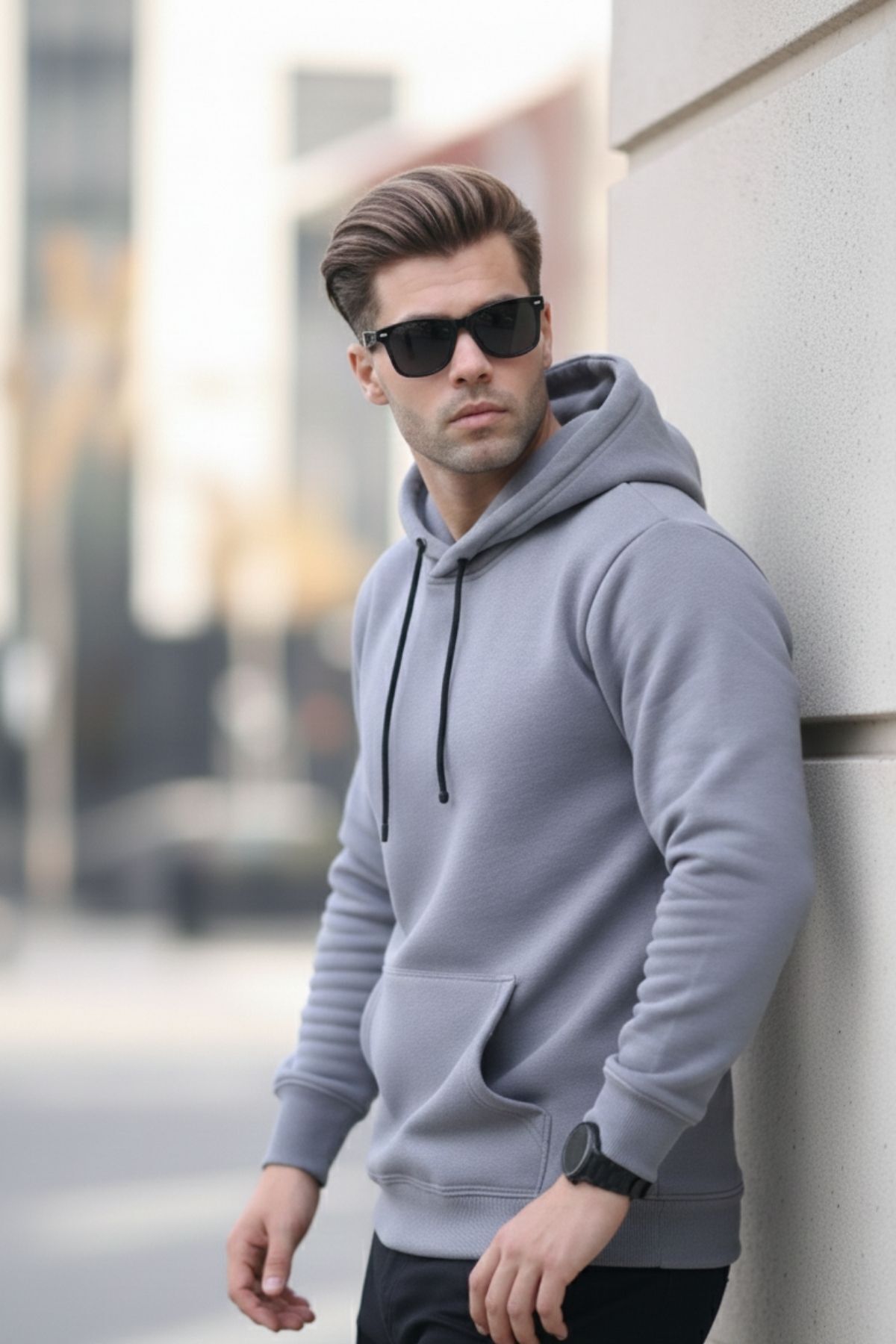 Erkek Casual Kanguru Cepli Bol Gri Sweatshirt 5