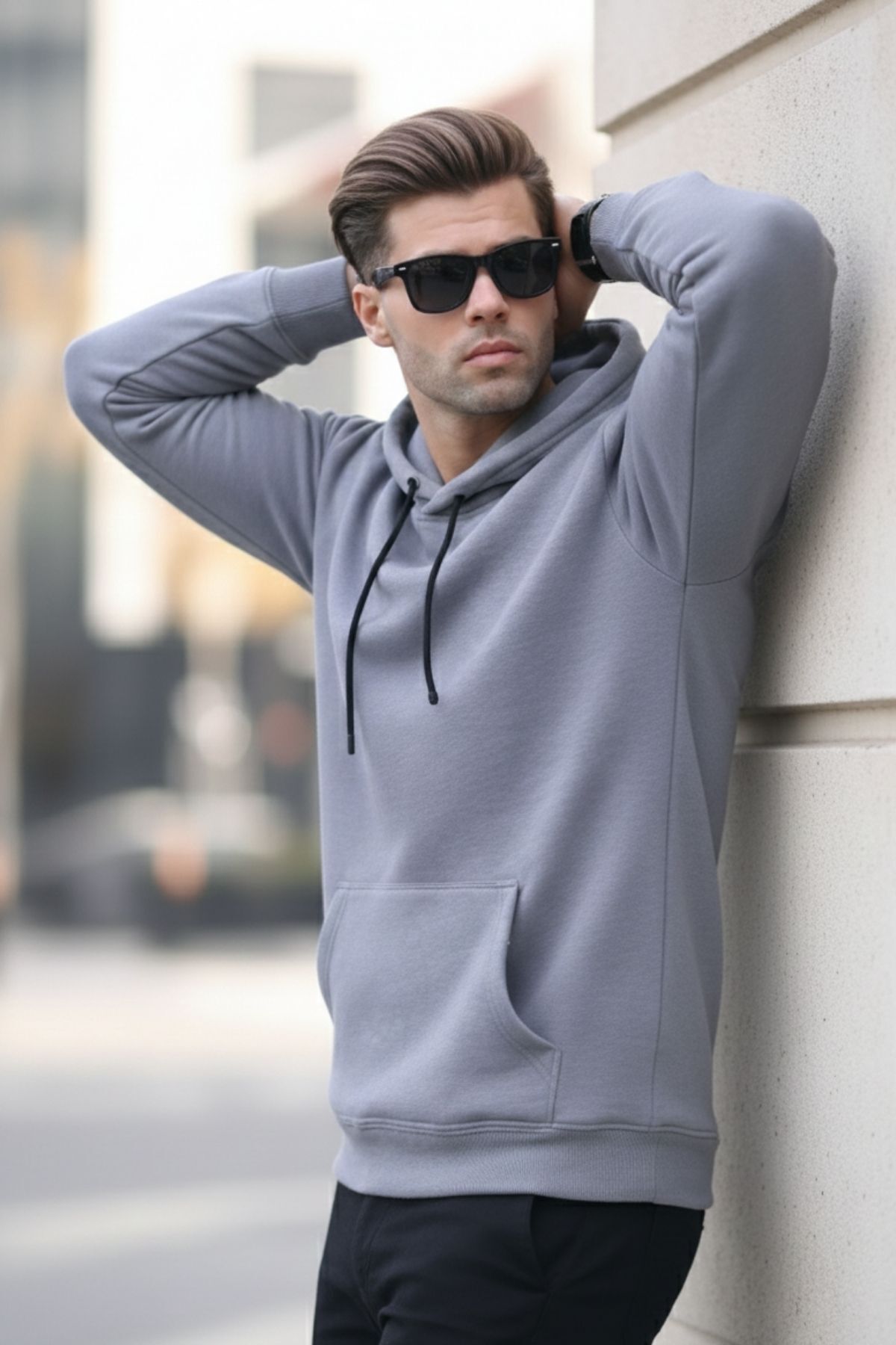 Erkek Casual Kanguru Cepli Bol Gri Sweatshirt 3