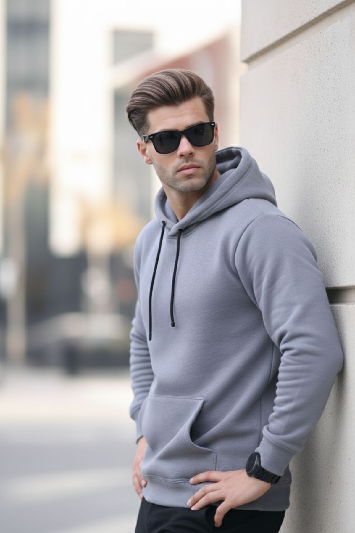 Erkek Casual Kanguru Cepli Bol Gri Sweatshirt 4