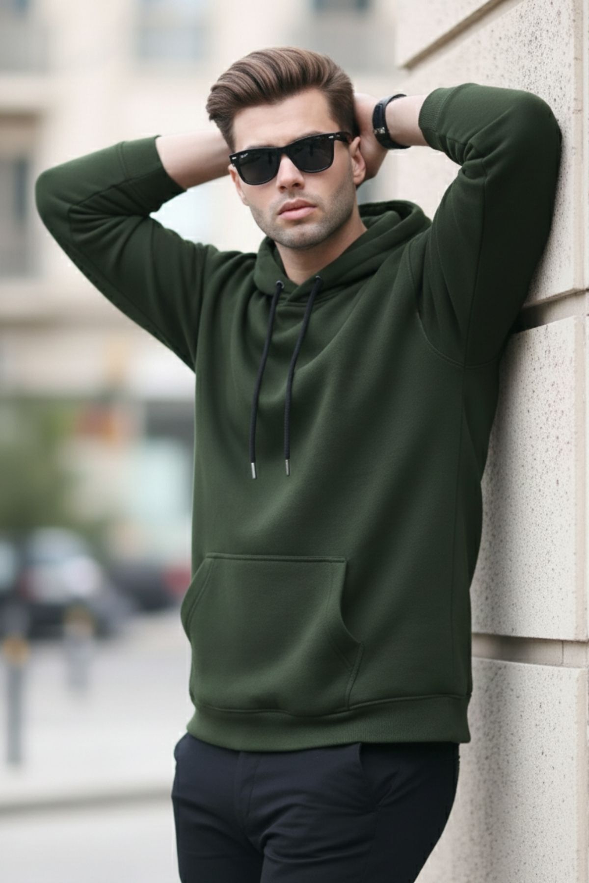 Erkek Casual Kanguru Cepli Bol Haki Sweatshirt 3