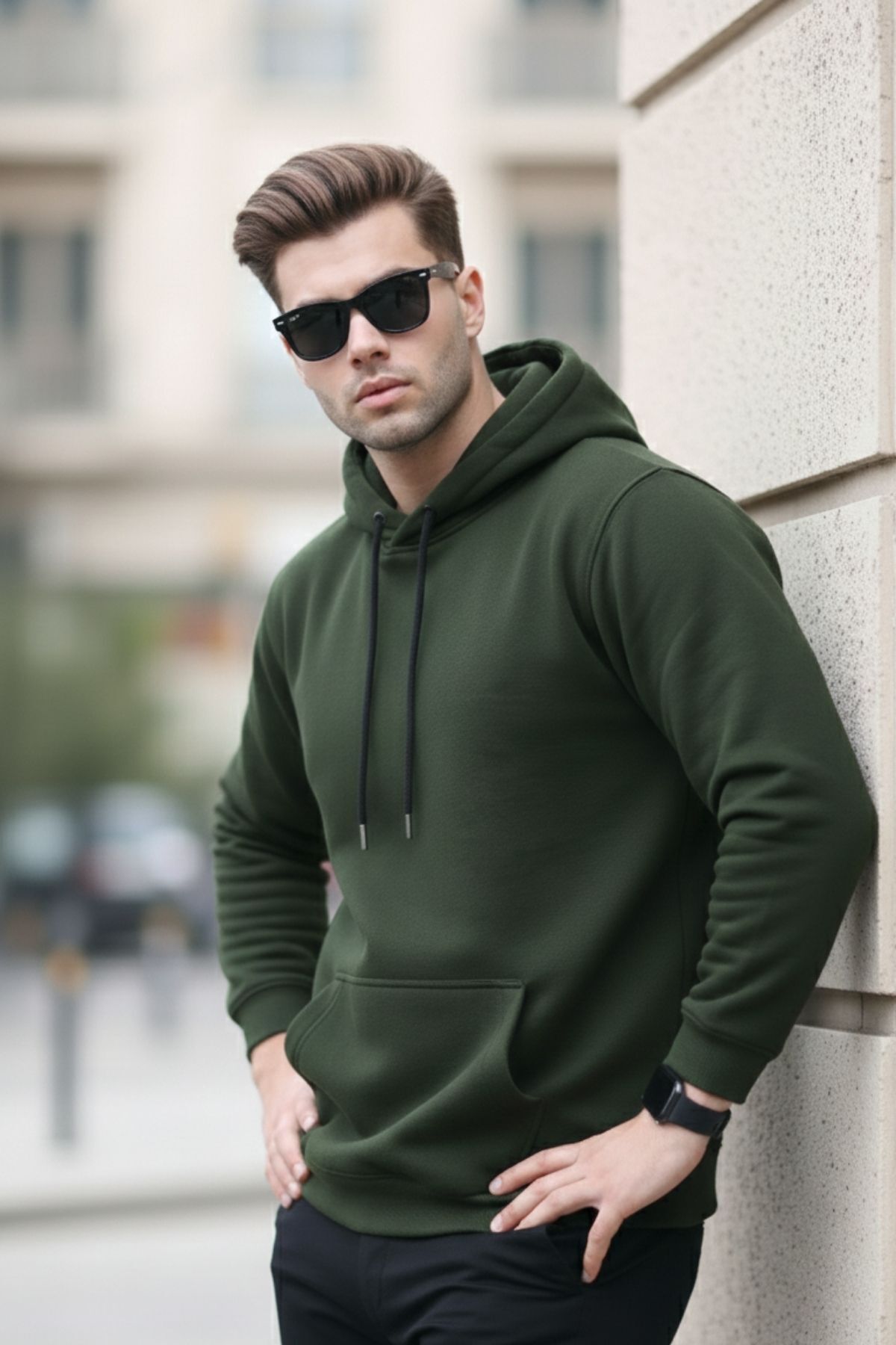 Erkek Casual Kanguru Cepli Bol Haki Sweatshirt 4