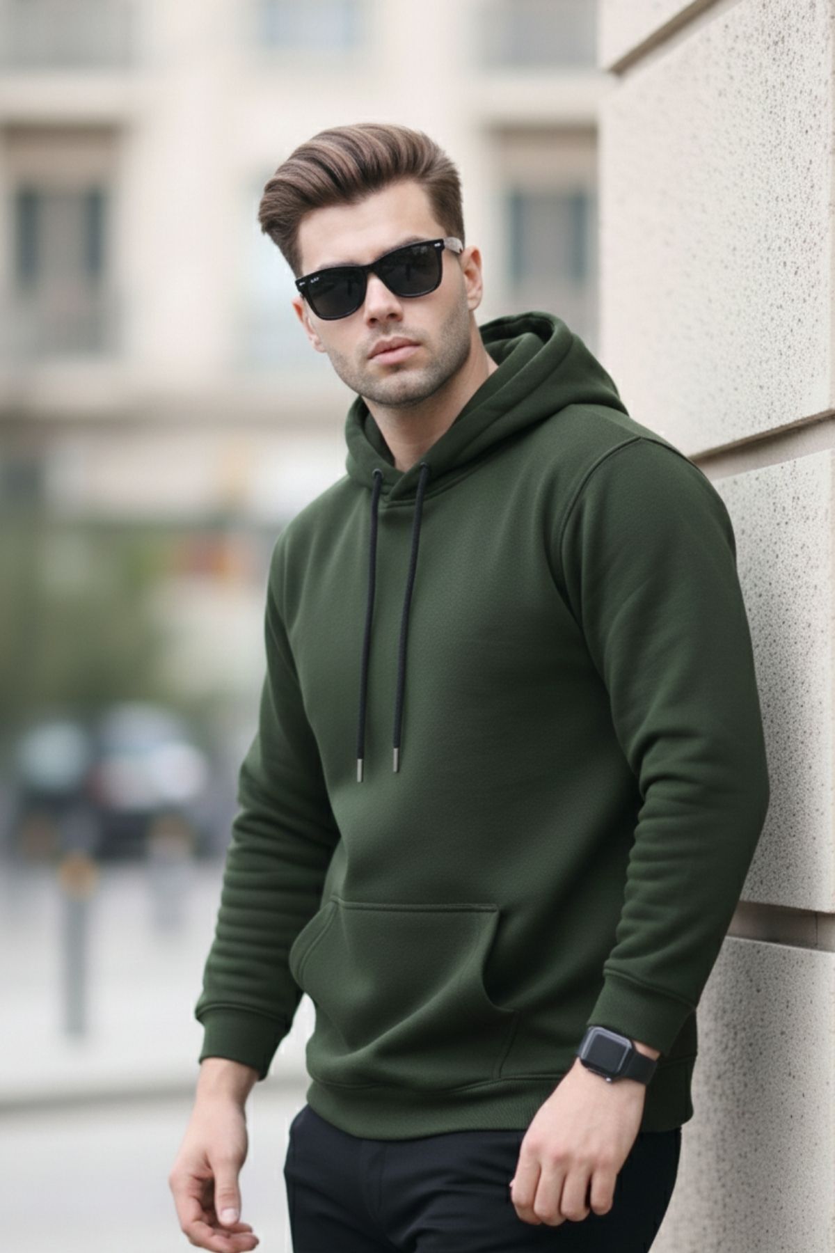 Erkek Casual Kanguru Cepli Bol Haki Sweatshirt 5