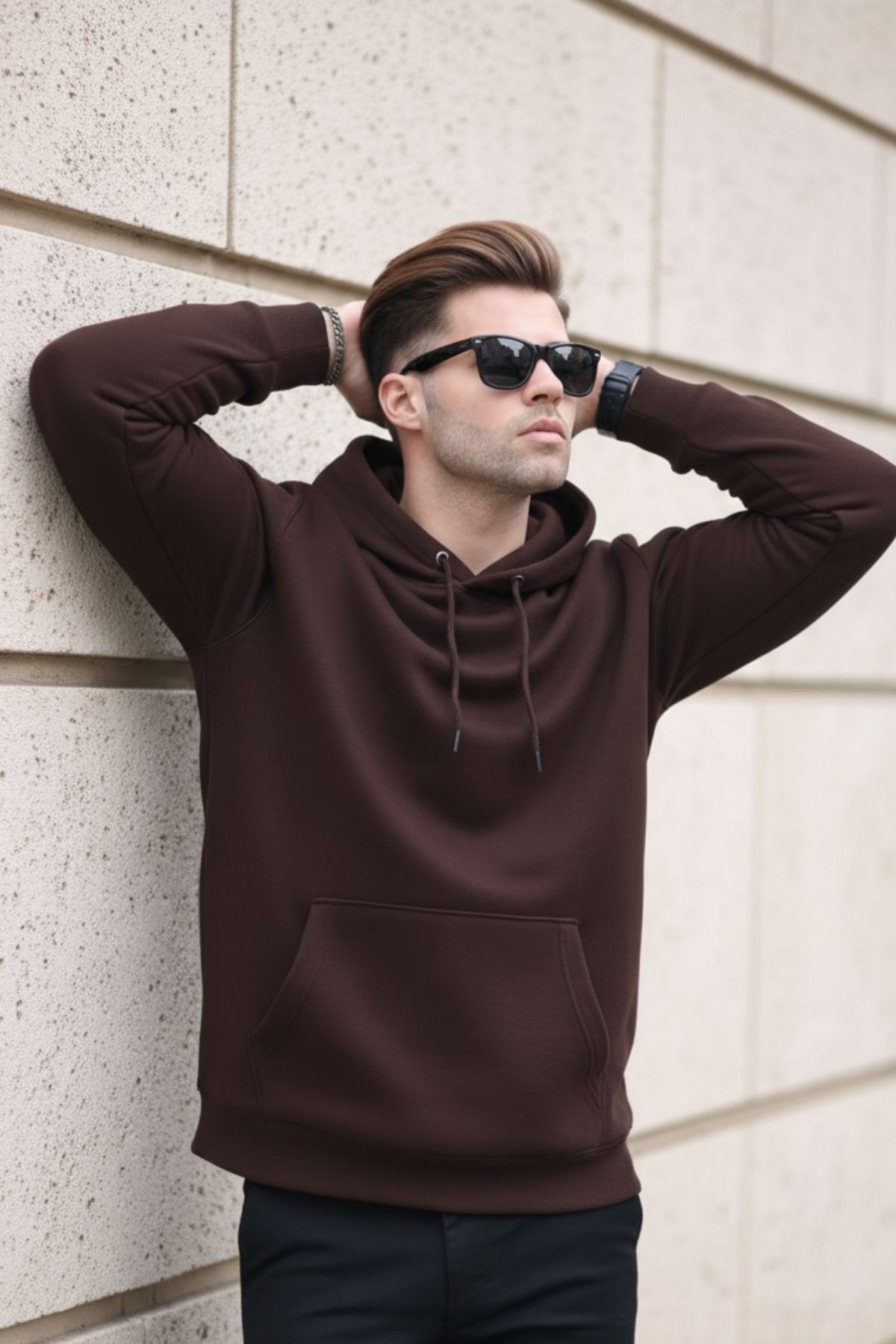 Erkek Casual Kanguru Cepli Bol Kahve Sweatshirt 3