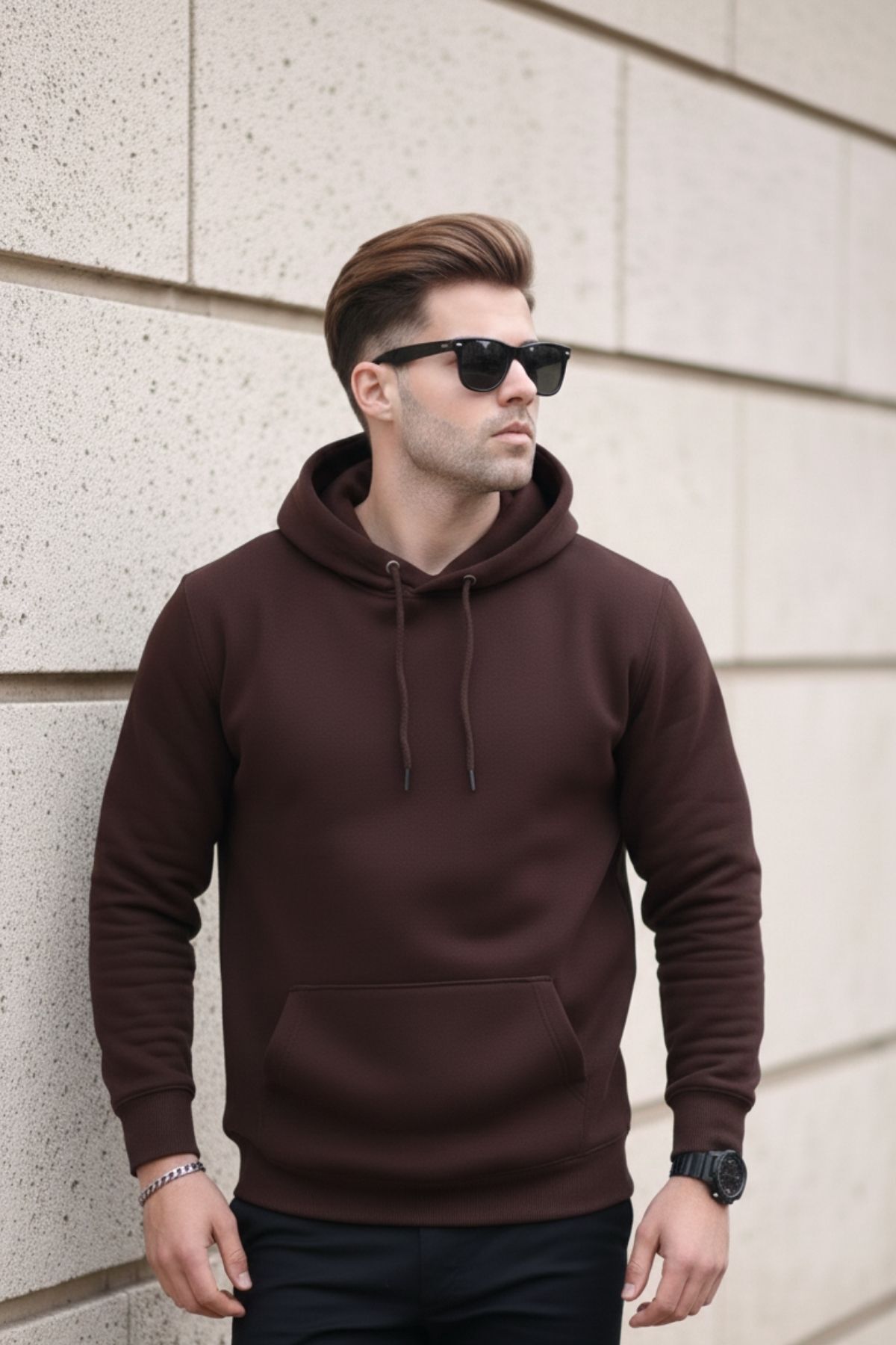 Erkek Casual Kanguru Cepli Bol Kahve Sweatshirt 5