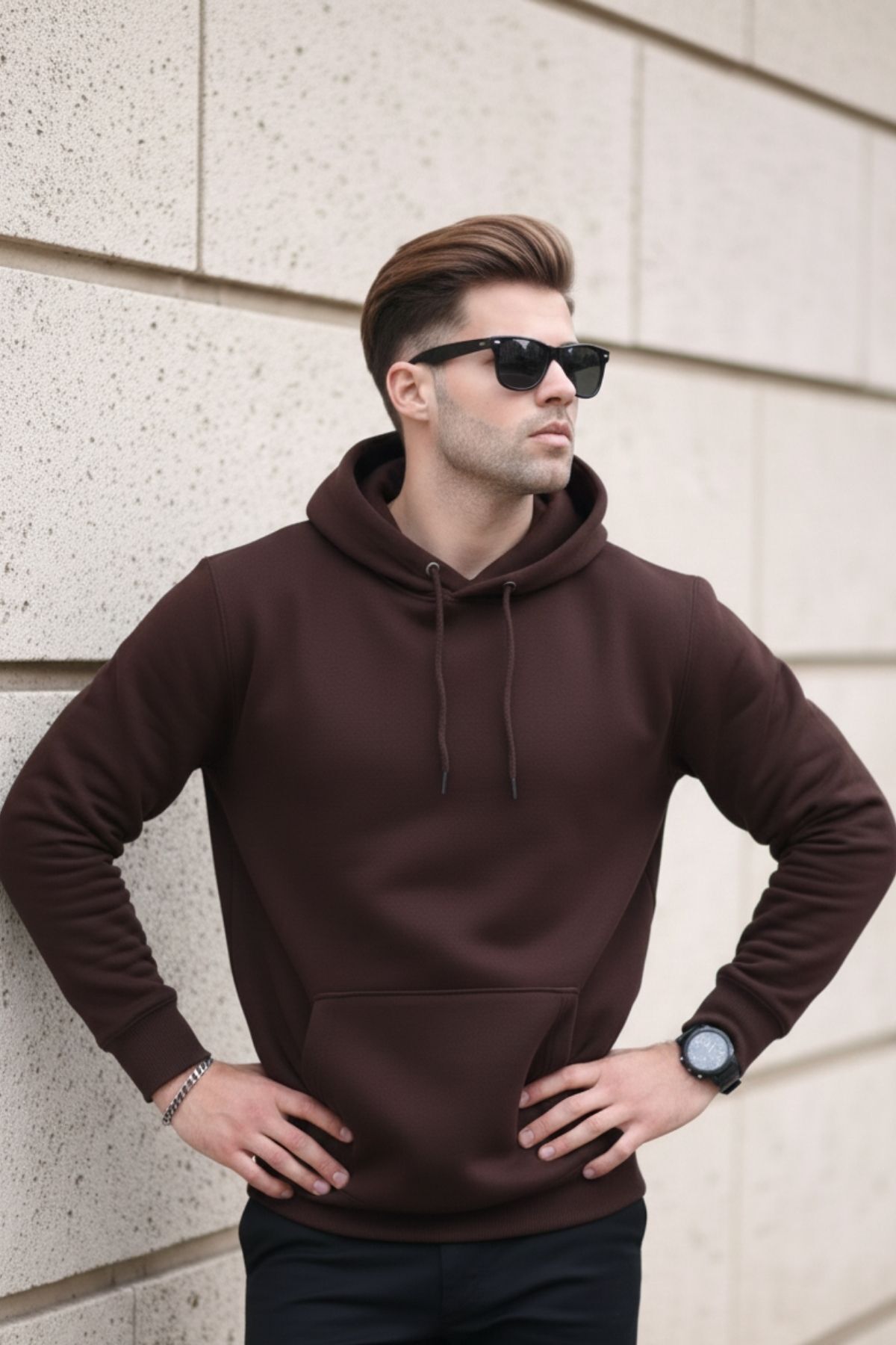 Erkek Casual Kanguru Cepli Bol Kahve Sweatshirt 4