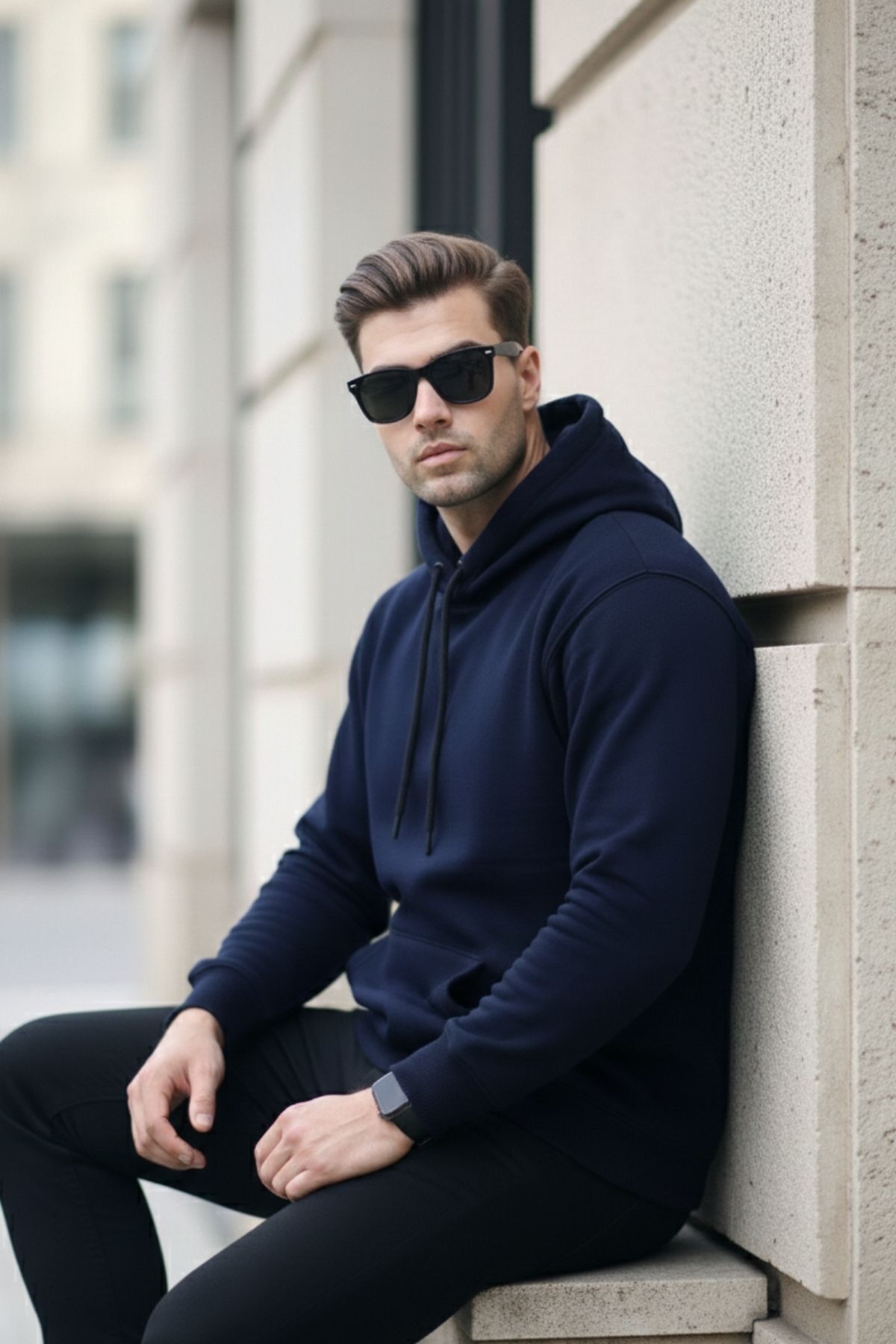 Erkek Casual Kanguru Cep Bol Lacivert Sweatshirt 6