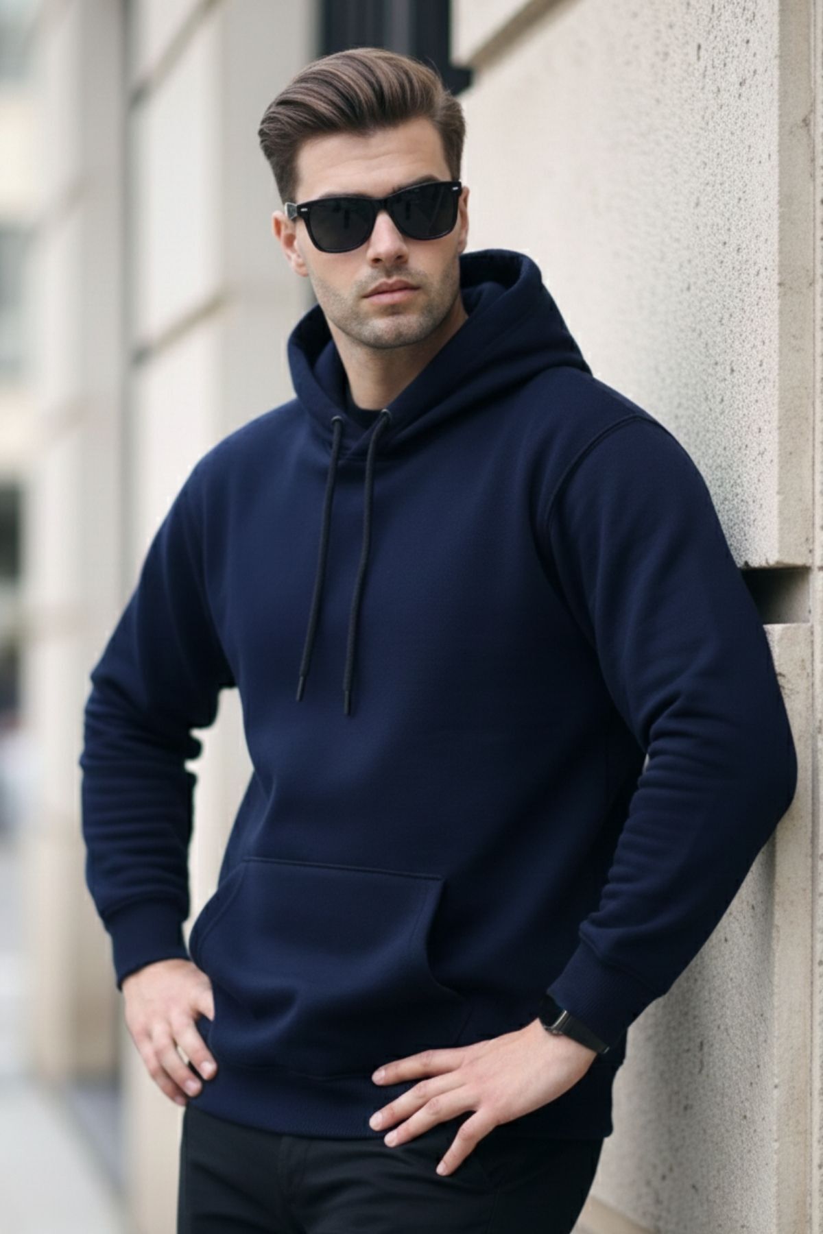 Erkek Casual Kanguru Cep Bol Lacivert Sweatshirt 4
