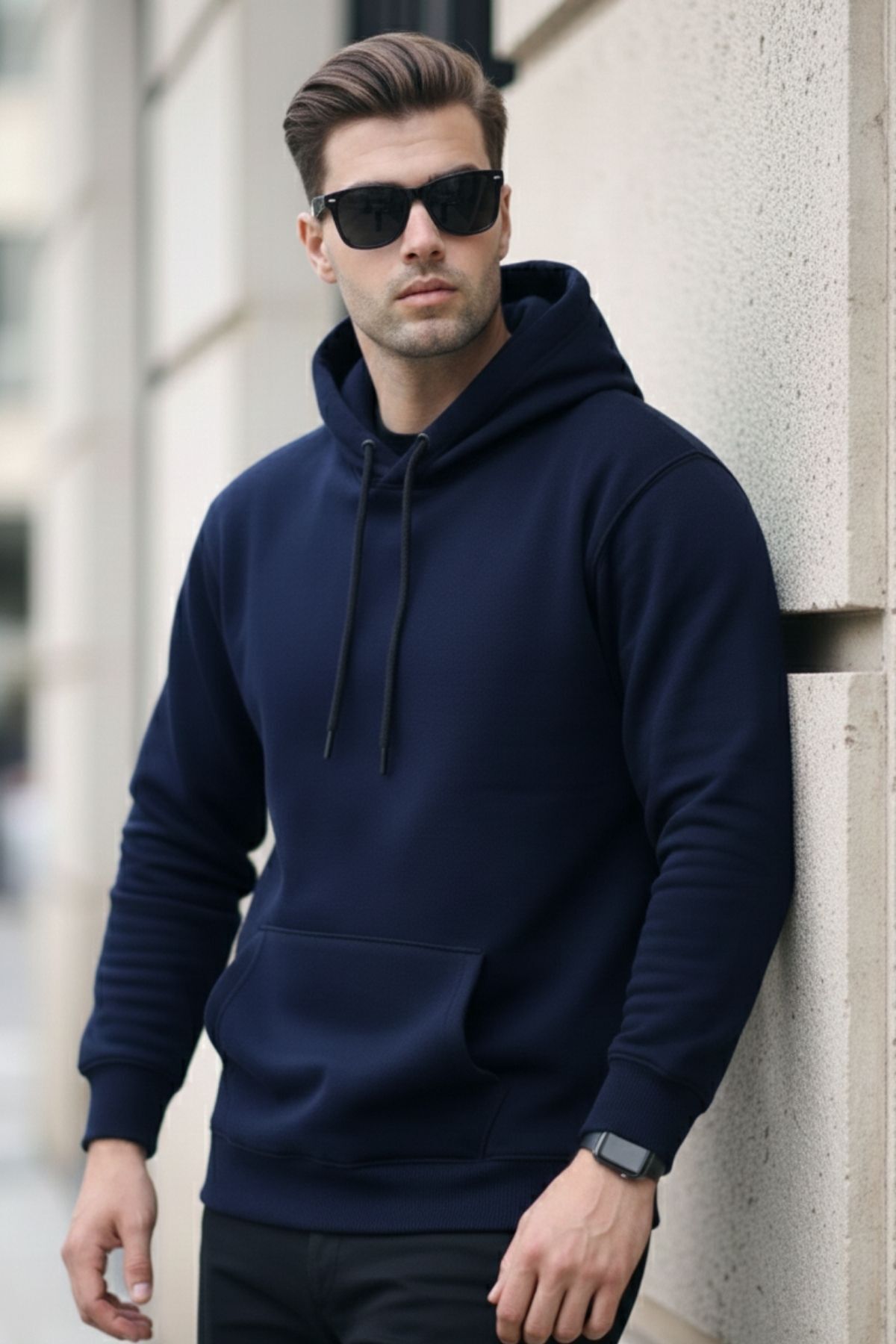 Erkek Casual Kanguru Cep Bol Lacivert Sweatshirt 5