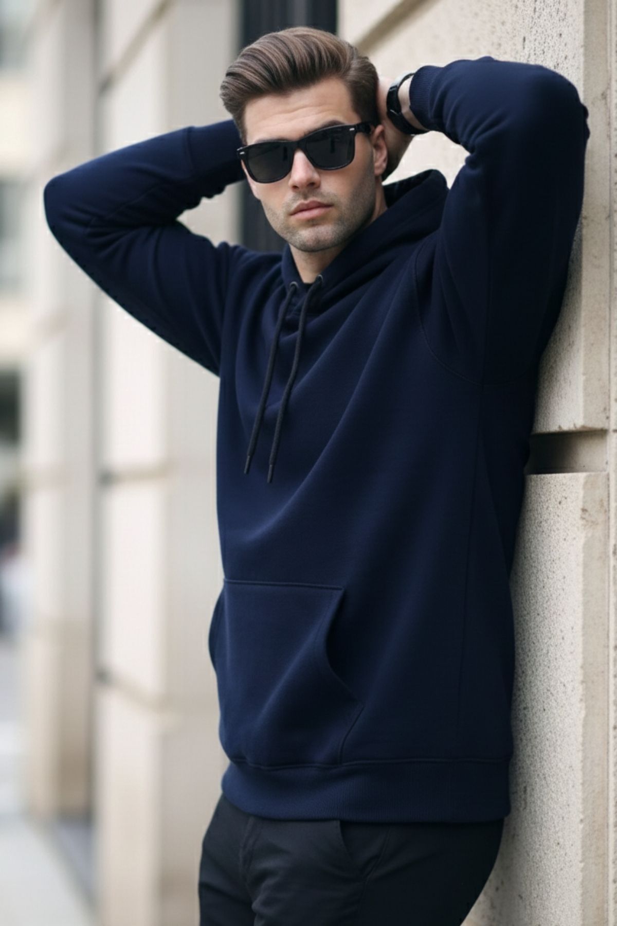 Erkek Casual Kanguru Cep Bol Lacivert Sweatshirt 3