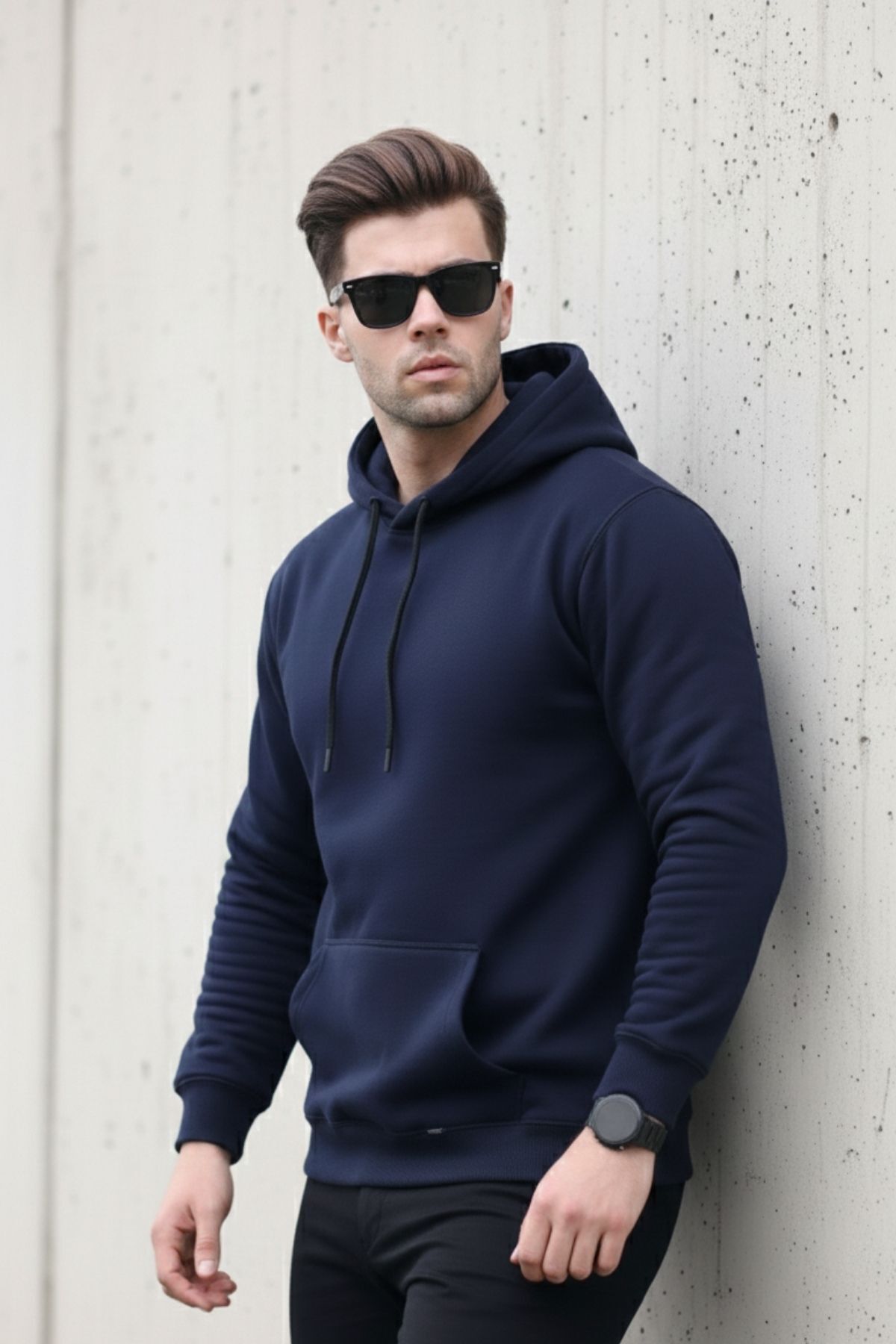 Erkek Casual Kanguru Cepli Bol Mavi Sweatshirt 5