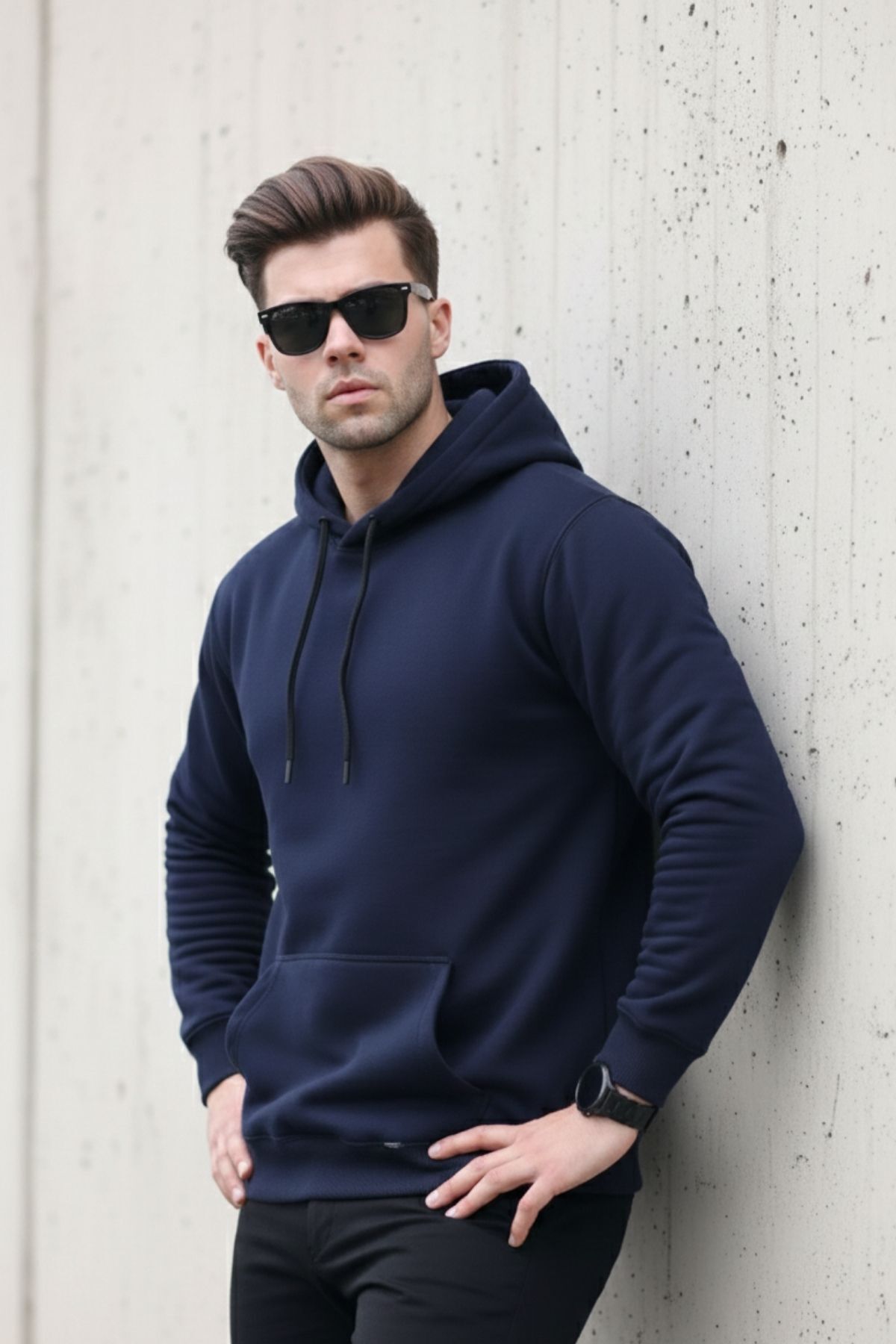 Erkek Casual Kanguru Cepli Bol Mavi Sweatshirt 4